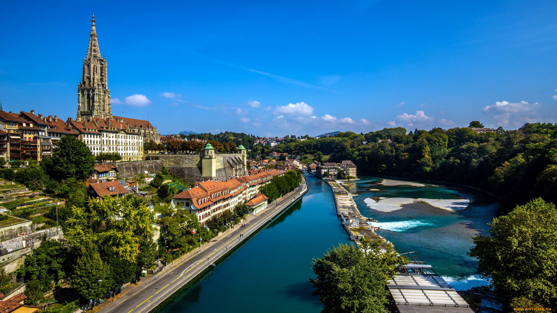 города, берн, , швейцария, река, набережная, панорама