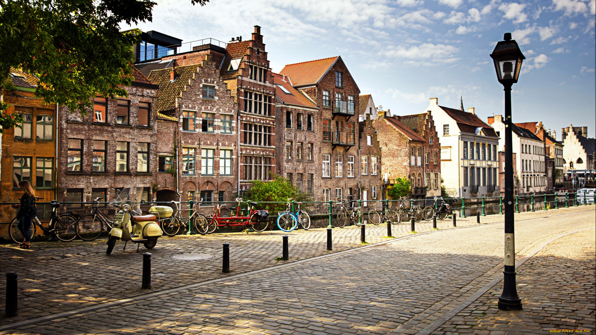 города, гент, , бельгия, улица, дома, фонарь