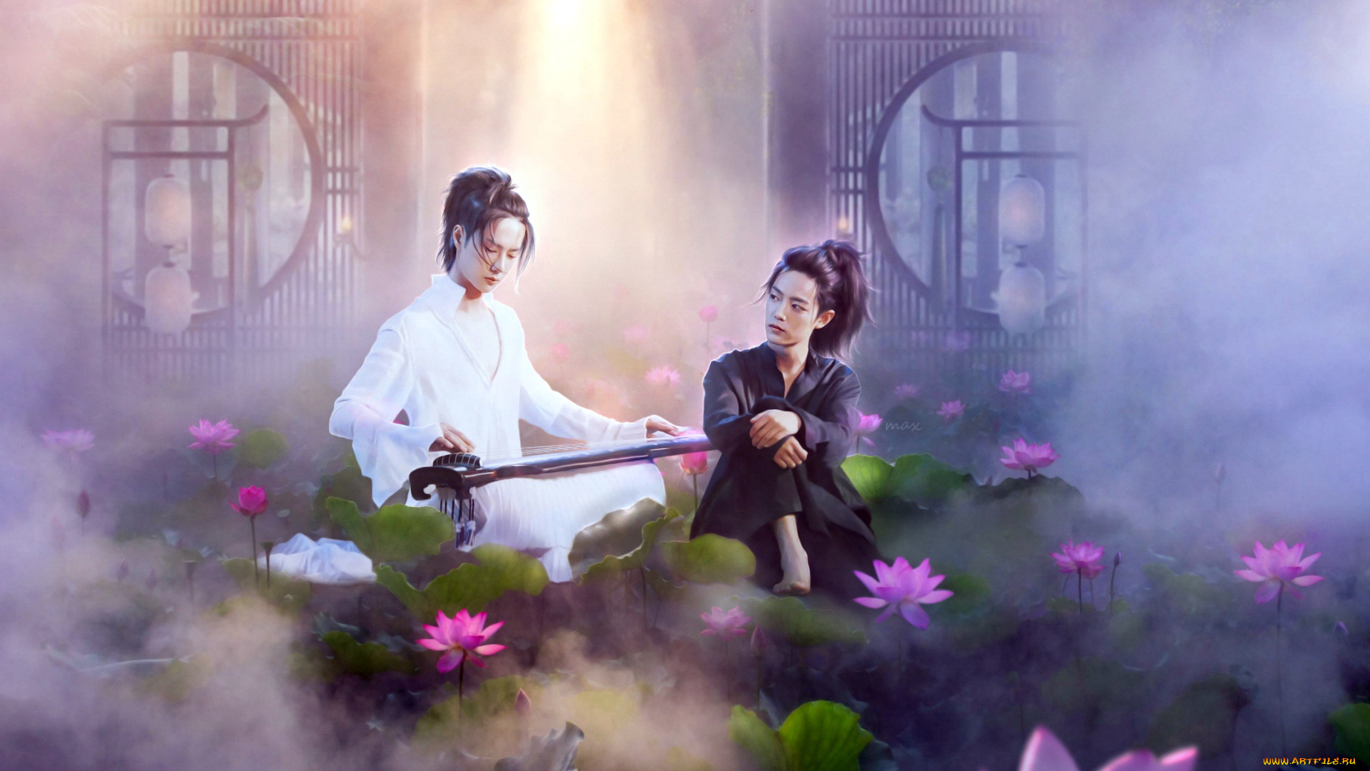 рисованное, люди, ван, ибо, сяо, чжань, гуцинь, лотосы