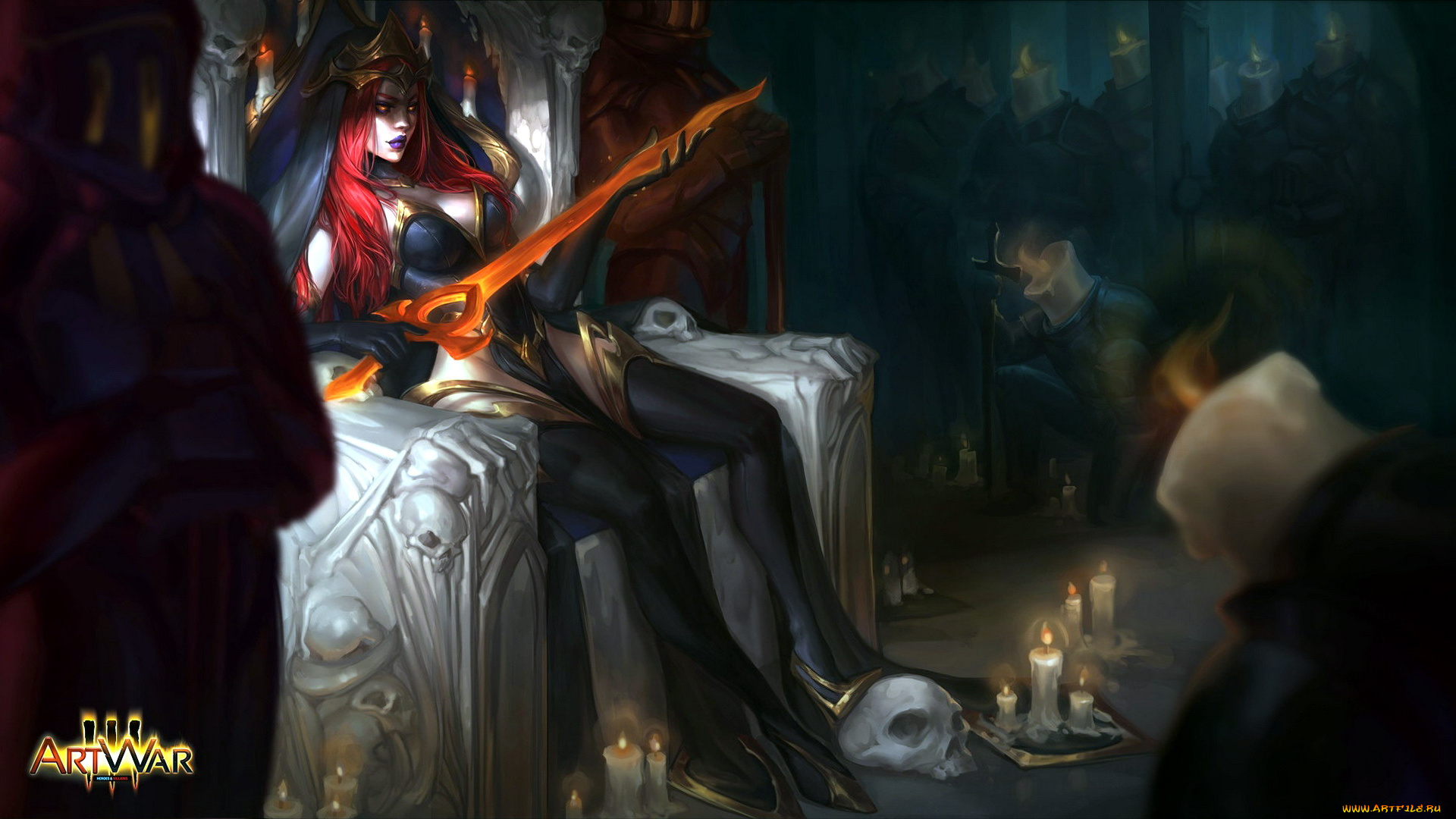 видео, игры, ---другое, девушка, меч, трон, череп, свечи, рыцари