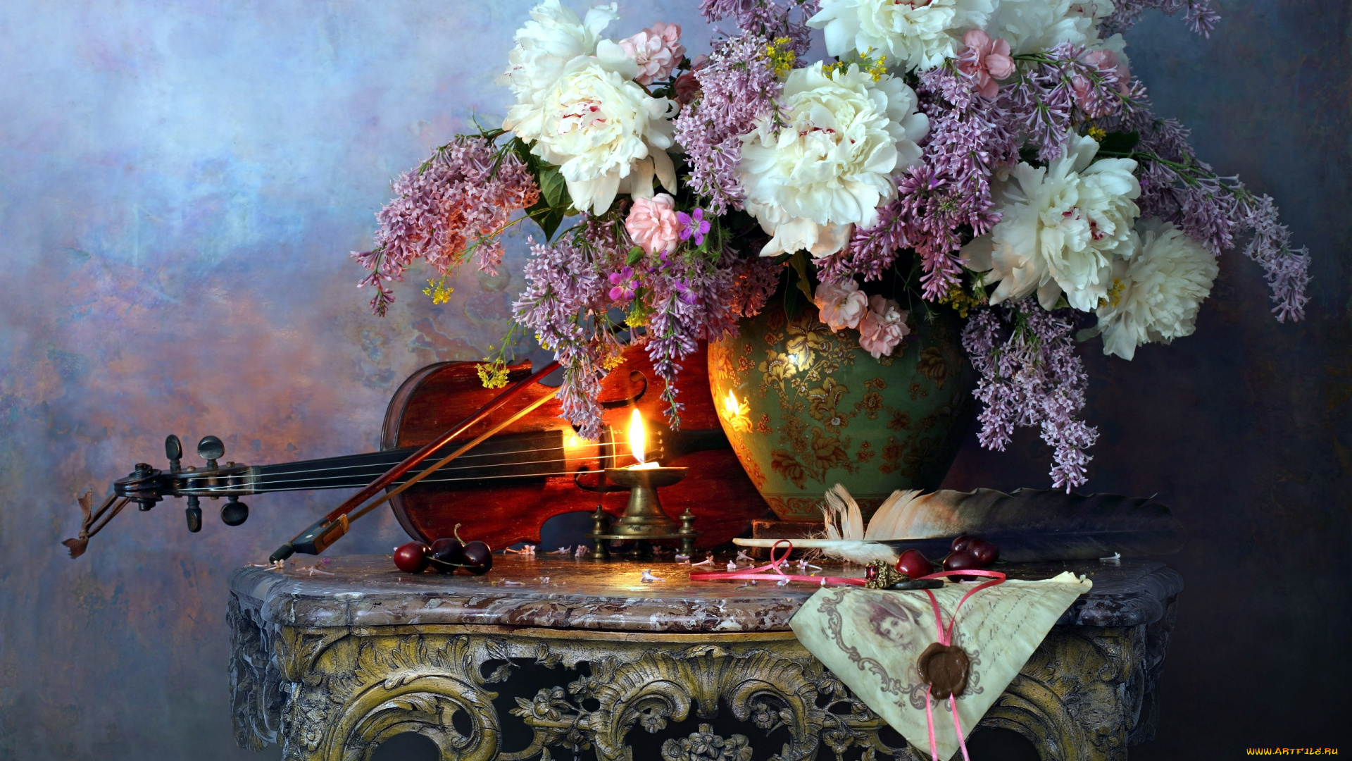 музыка, -музыкальные, инструменты, букет, цветы, скрипка