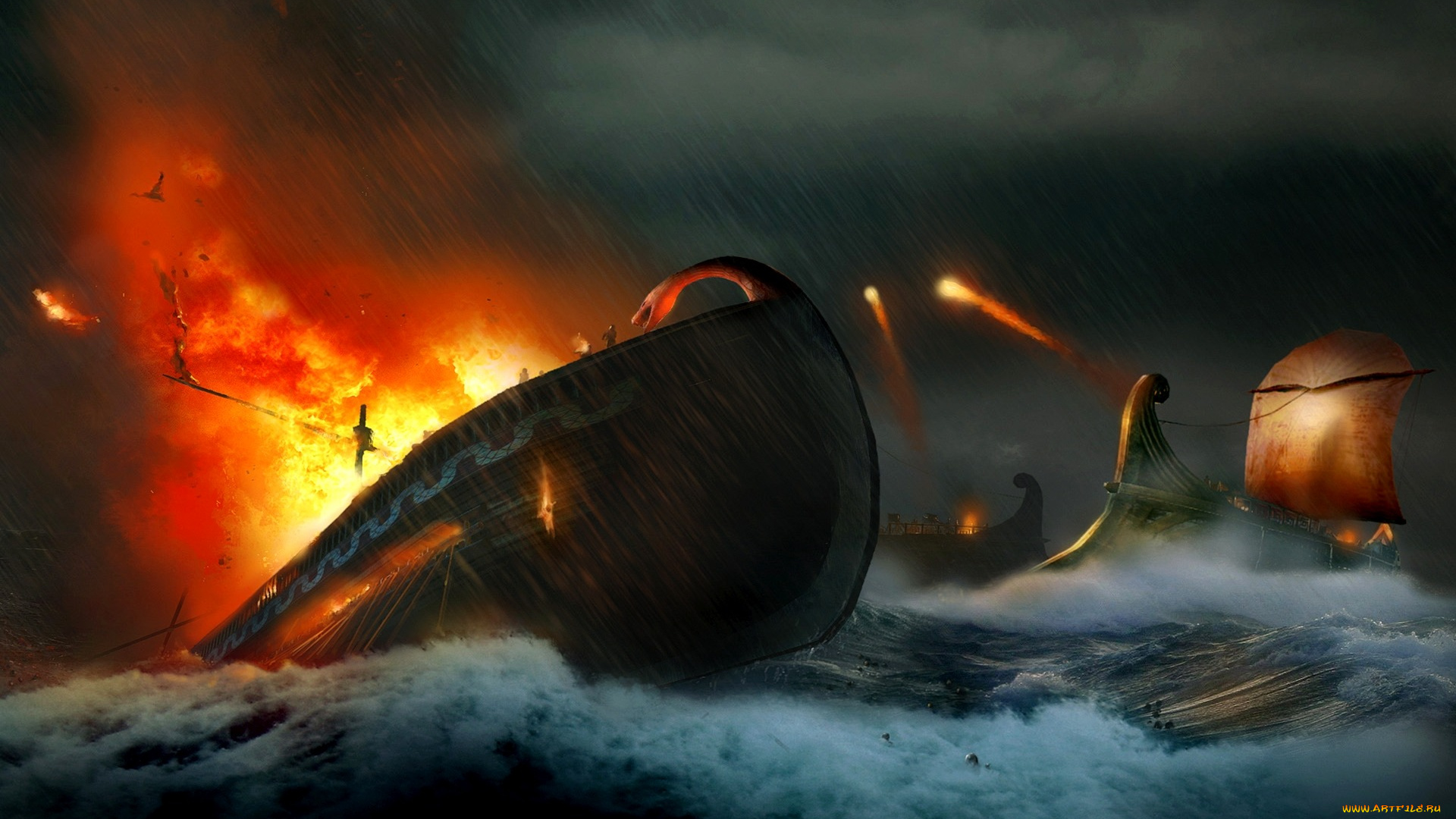 видео, игры, age, of, conan, , hyborian, adventures, корабли, море, бой, огонь