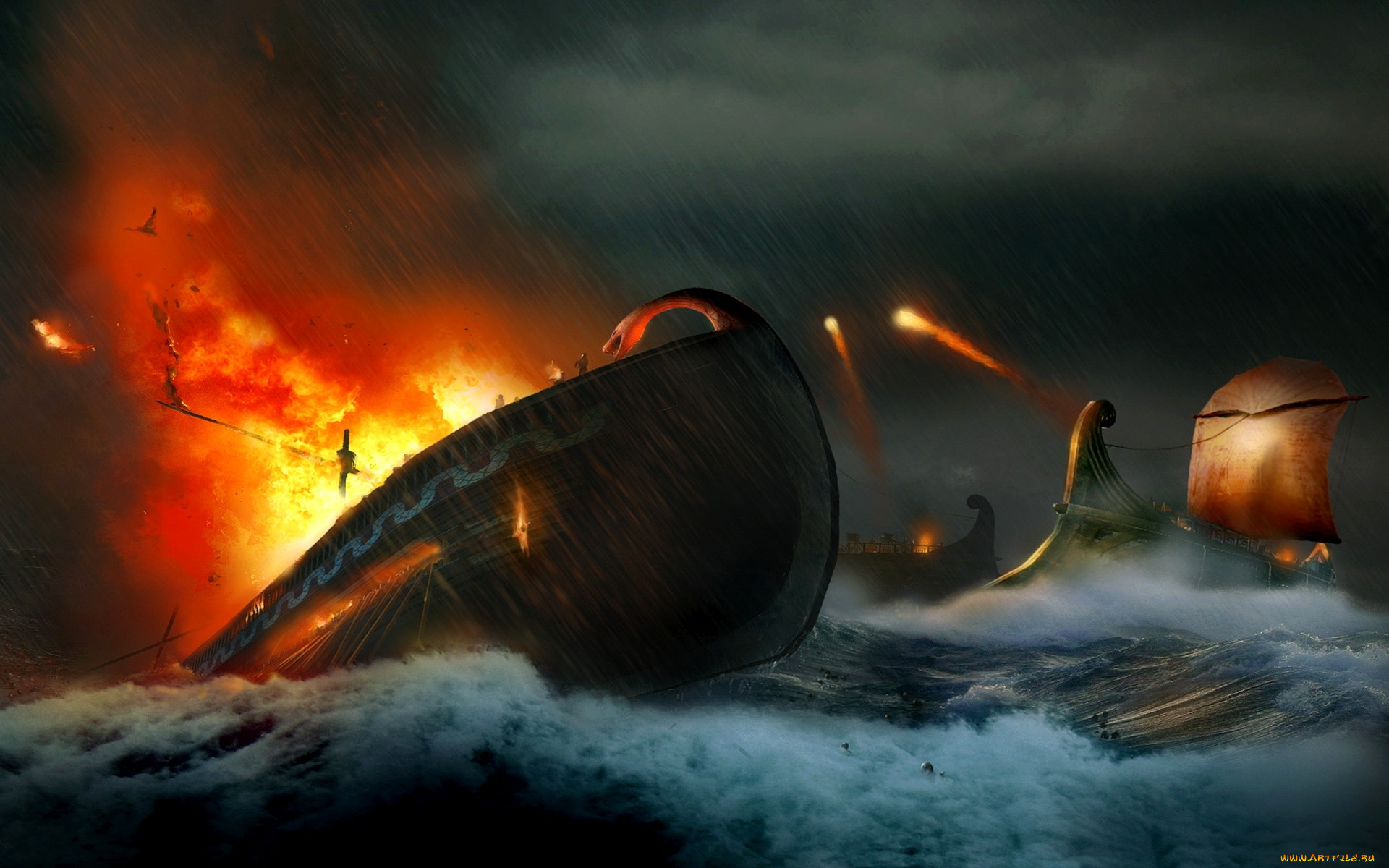 видео, игры, age, of, conan, , hyborian, adventures, корабли, море, бой, огонь