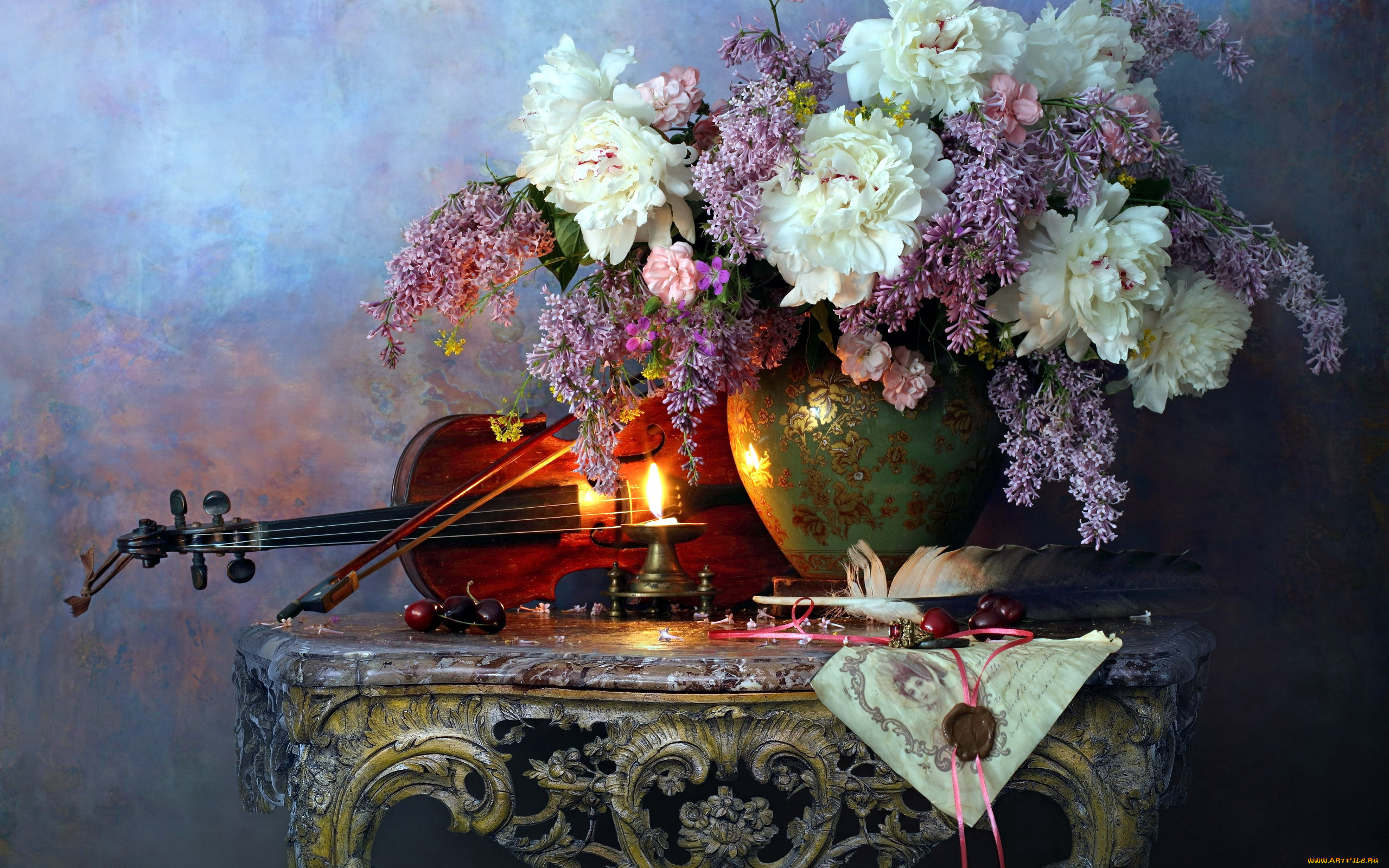 музыка, -музыкальные, инструменты, букет, цветы, скрипка