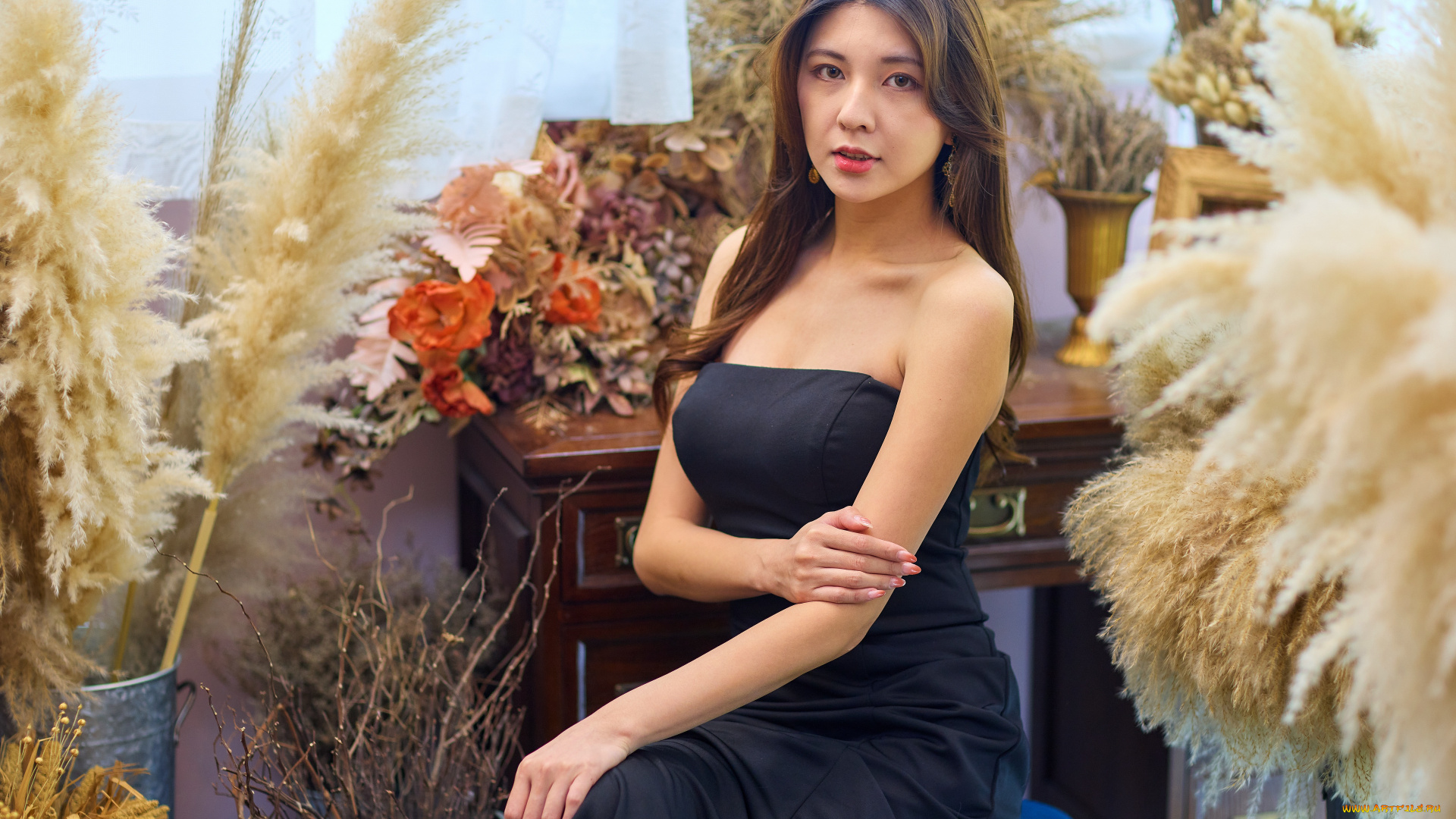 девушки, -, азиатки, девушка, азиатка, черное, платье, длинные, волосы, брюнетка