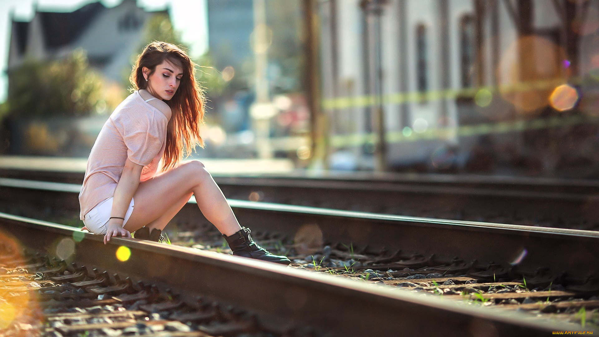 девушки, -, брюнетки, , шатенки, шатенка, наряд, рельсы, железная, дорога