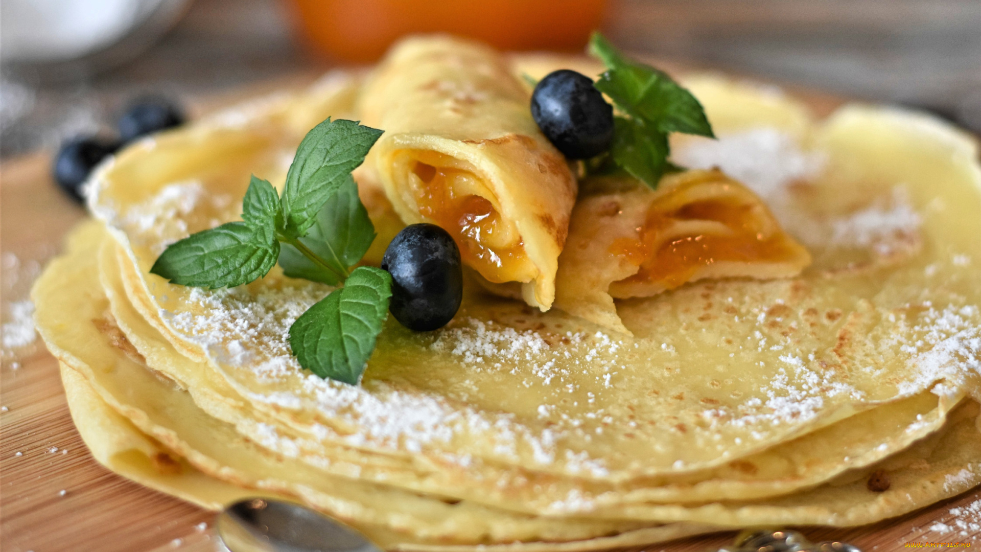еда, блины, , оладьи, мята, черника, варенье