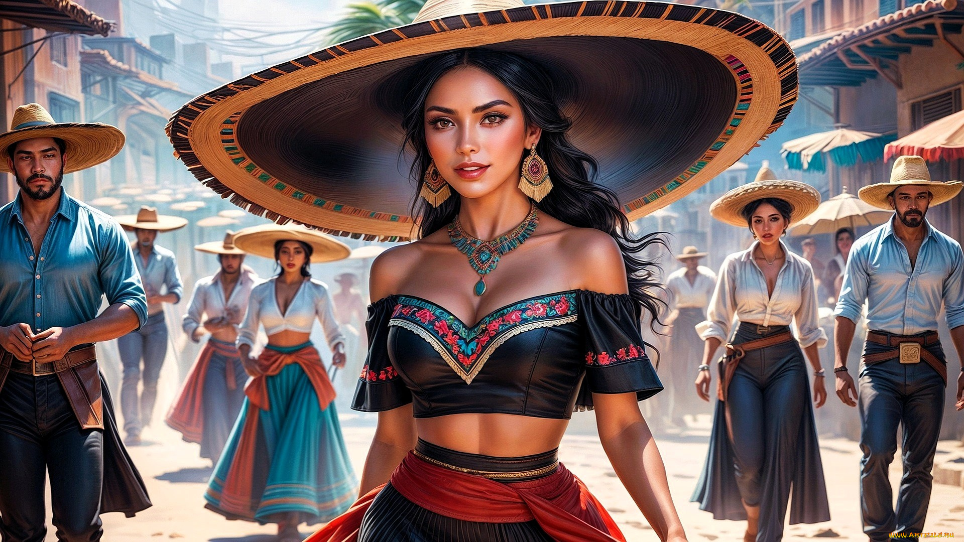 рисованное, люди, мексика, сомбреро, улица, город