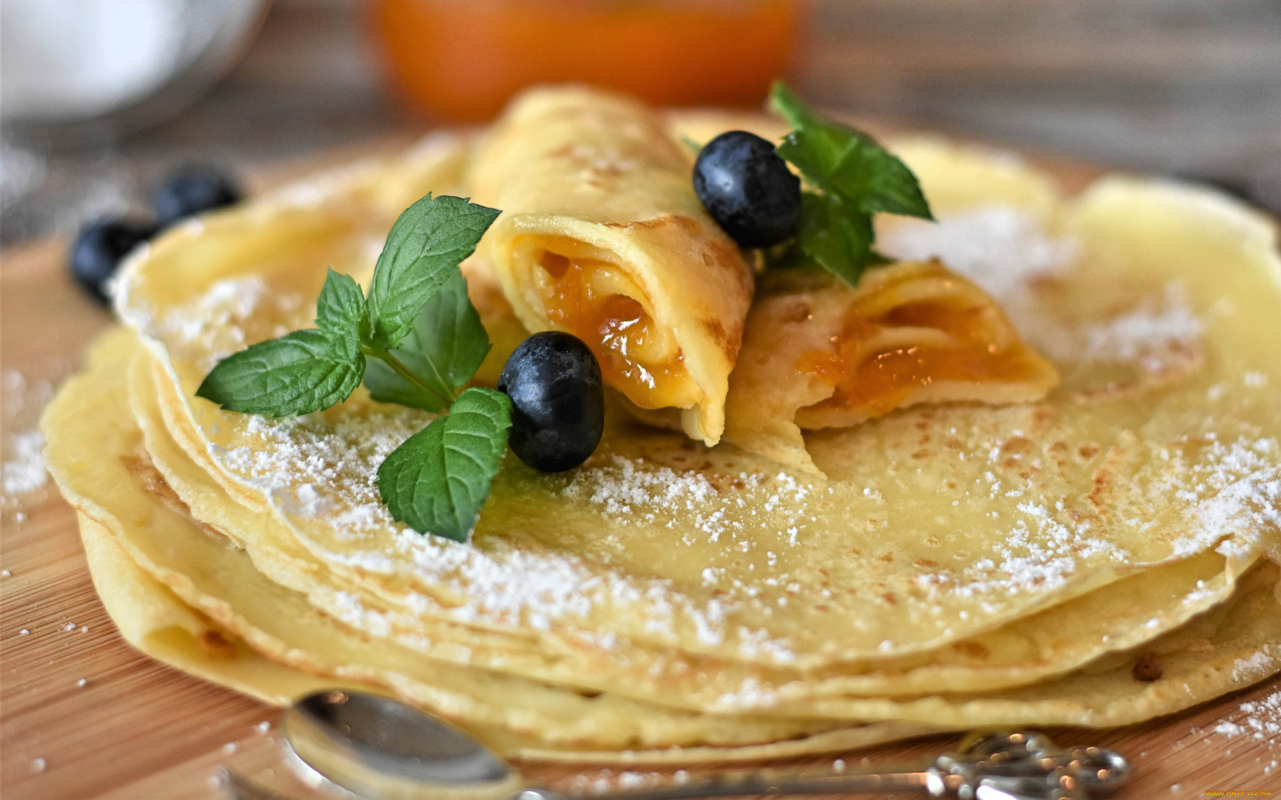 еда, блины, , оладьи, мята, черника, варенье