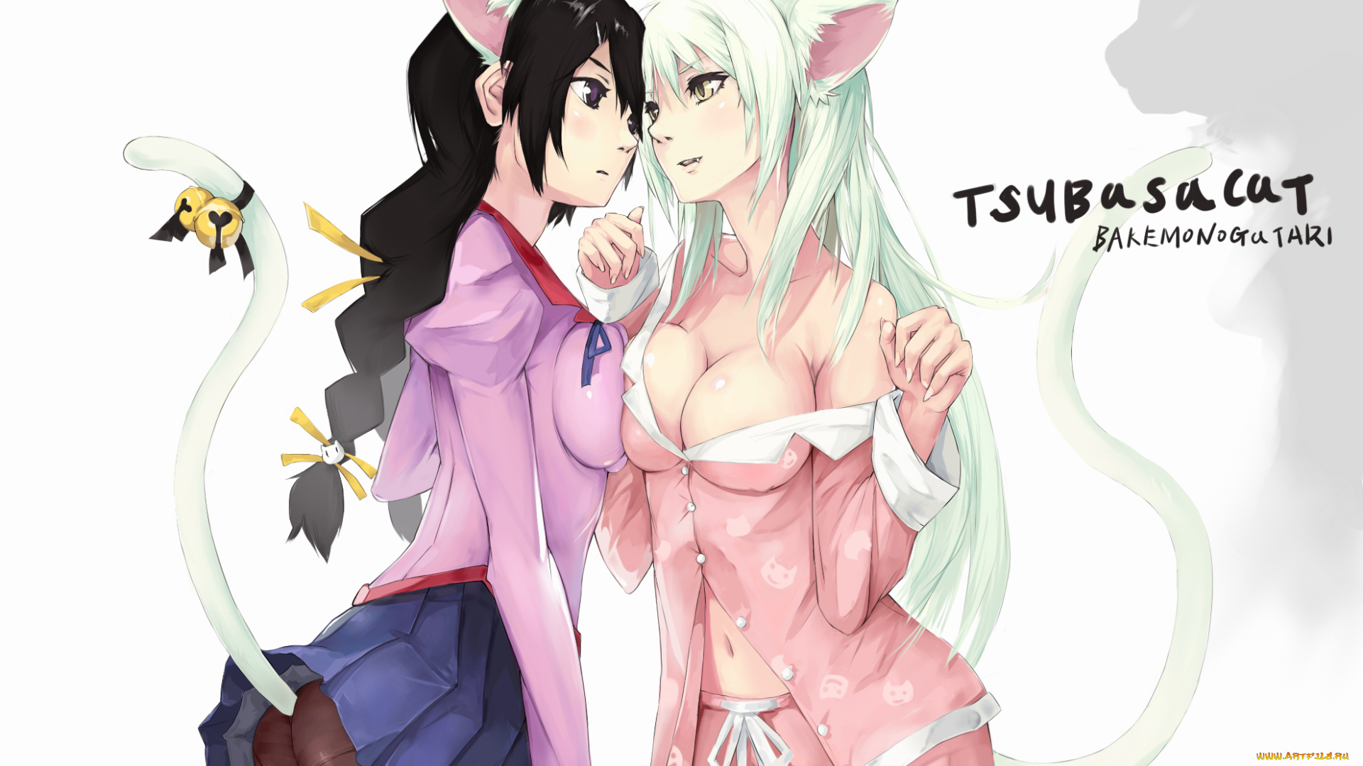 аниме, bakemonogatari, hanekawa, tsubasa, девушка, ушки, кошка, клыки, , форма, очки, хвост, бант, лента, пижама