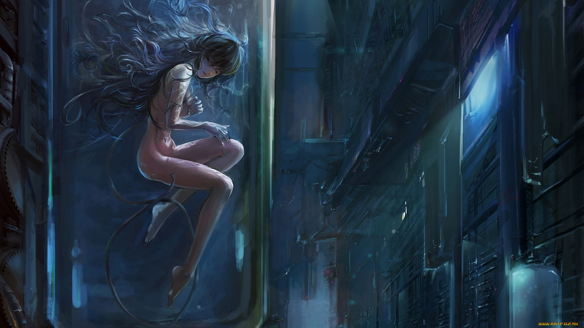 аниме, ushas, техника, технологии, лаборатория, сосуд, девушка, город, дом, ванна, резервуар