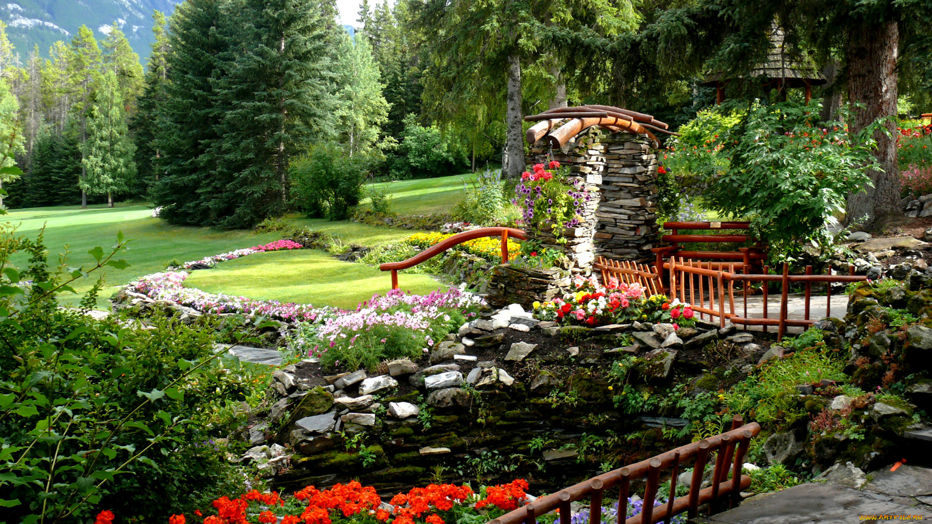 city, park, banff, canadа, природа, парк, пруд, мостик, беседка, ели, сосны, кусты