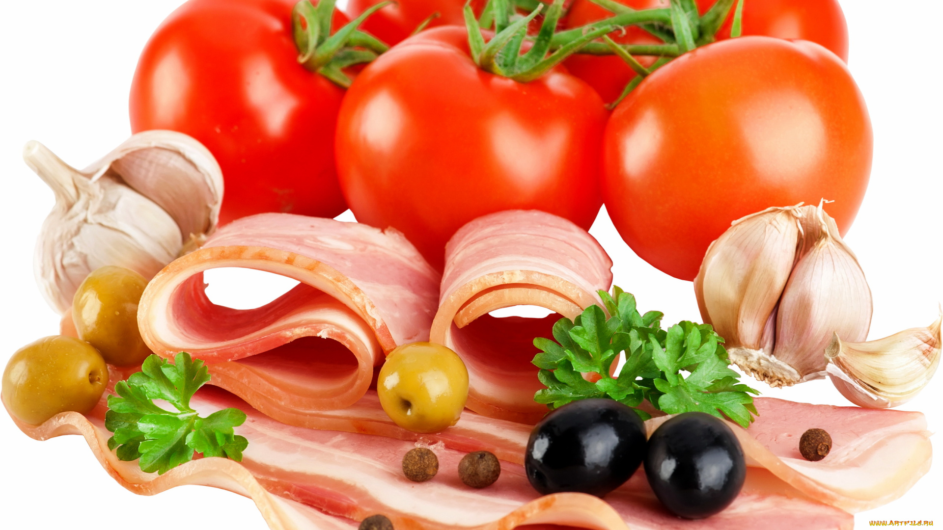 еда, разное, мясо, чеснок, помидоры, томаты