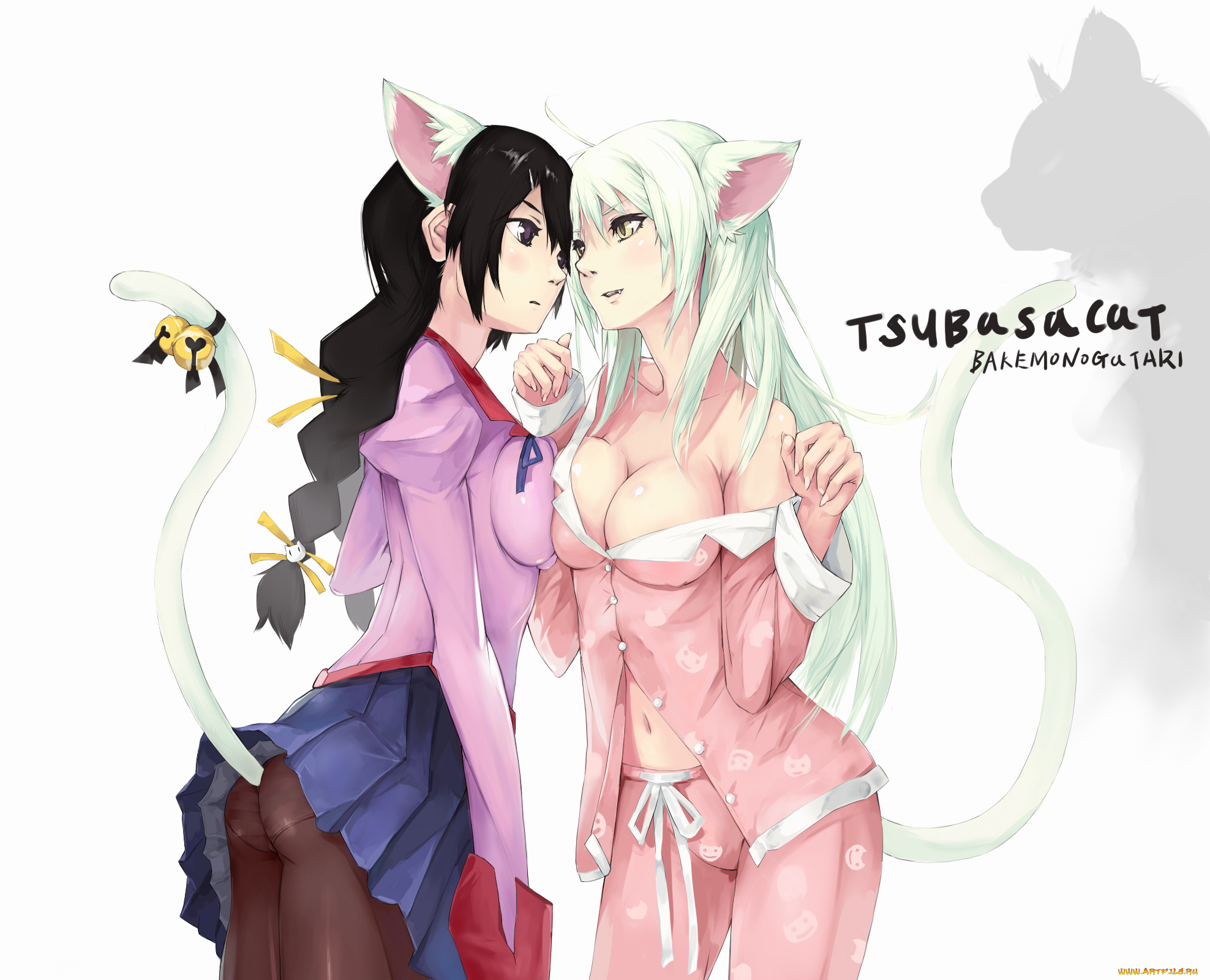 аниме, bakemonogatari, hanekawa, tsubasa, девушка, ушки, кошка, клыки, , форма, очки, хвост, бант, лента, пижама