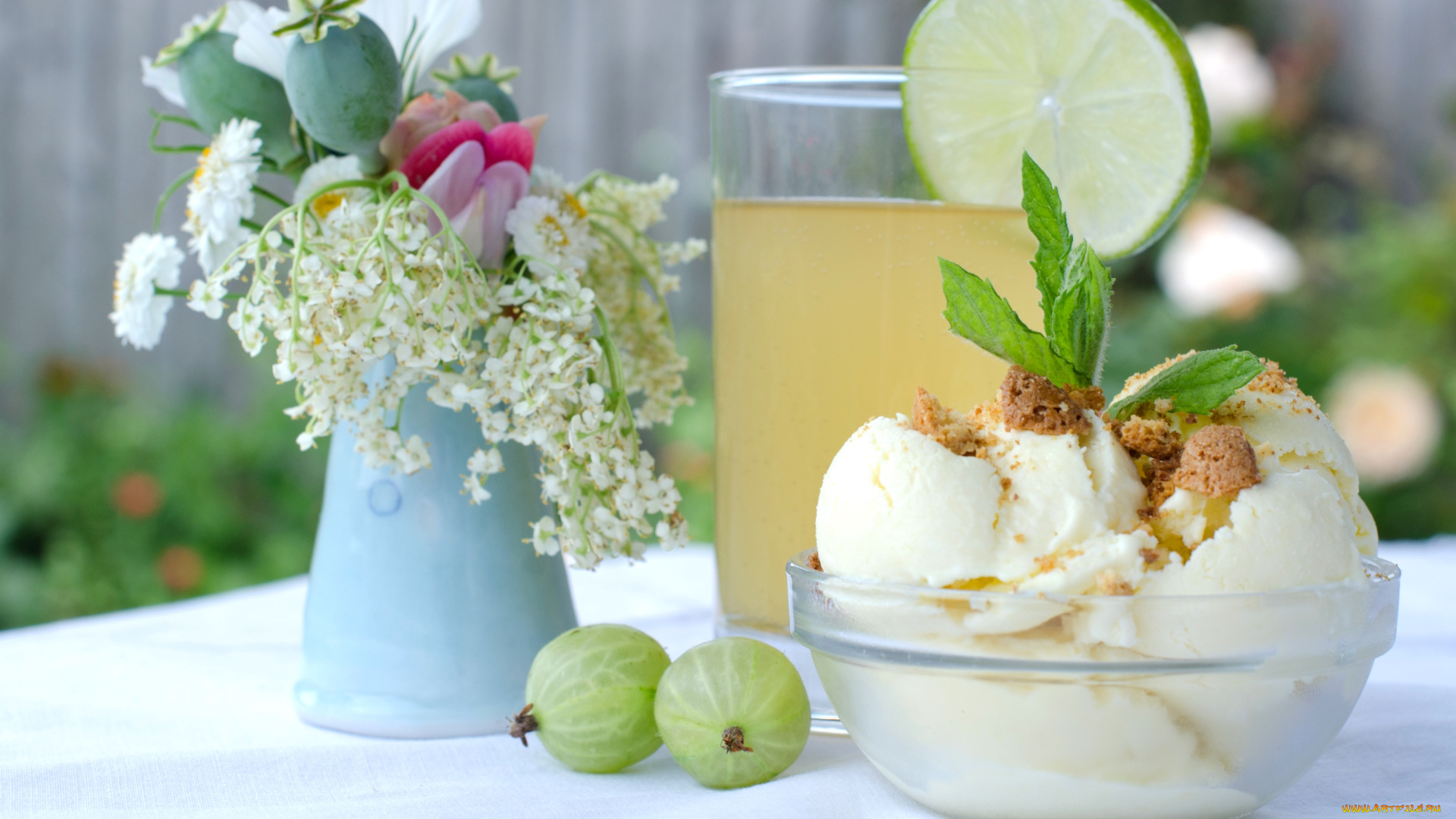 еда, натюрморт, букет, крыжовник, мороженое, сок