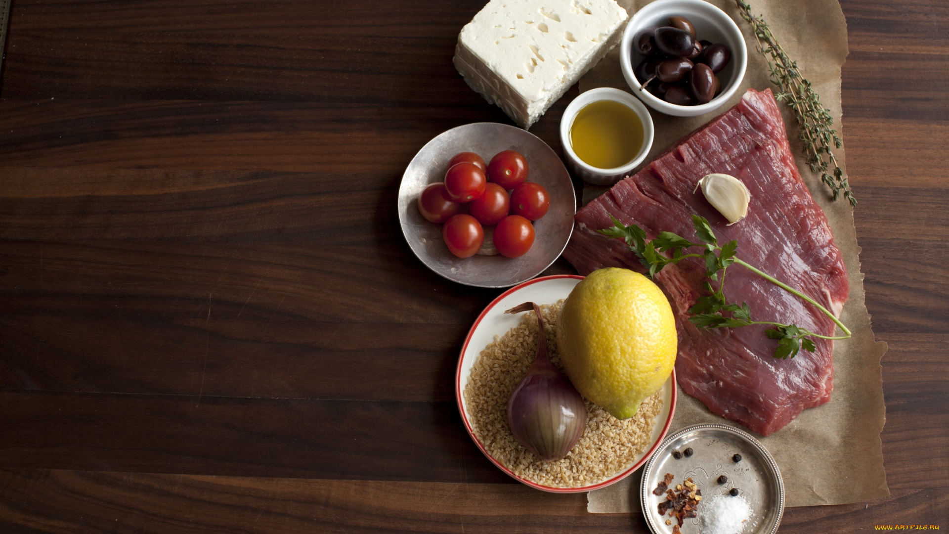 еда, разное, рис, лук, сыр, оливки, чеснок, ингредиенты, мясо, помидоры, лимон