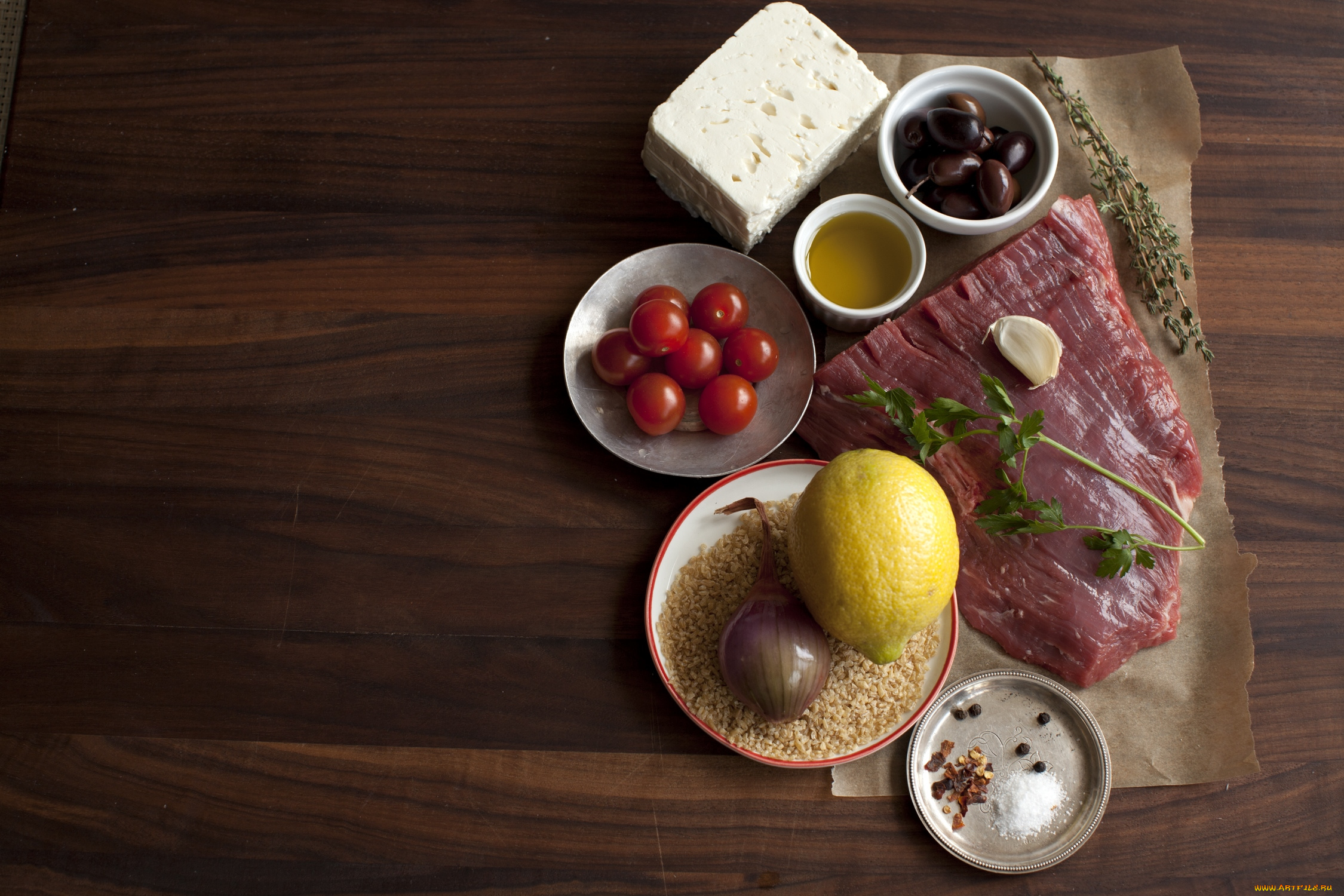 еда, разное, рис, лук, сыр, оливки, чеснок, ингредиенты, мясо, помидоры, лимон