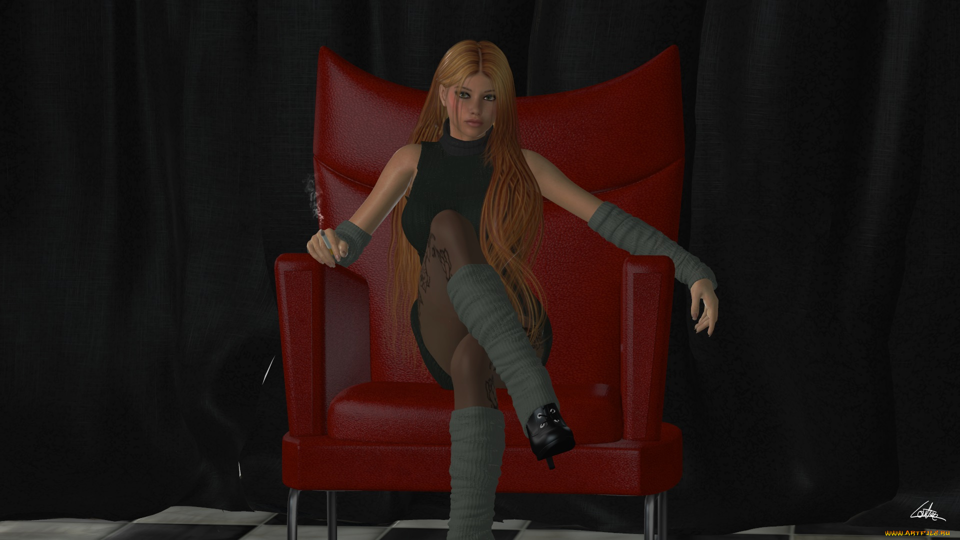 3д, графика, люди, , people, девушка, взгляд, сигарета