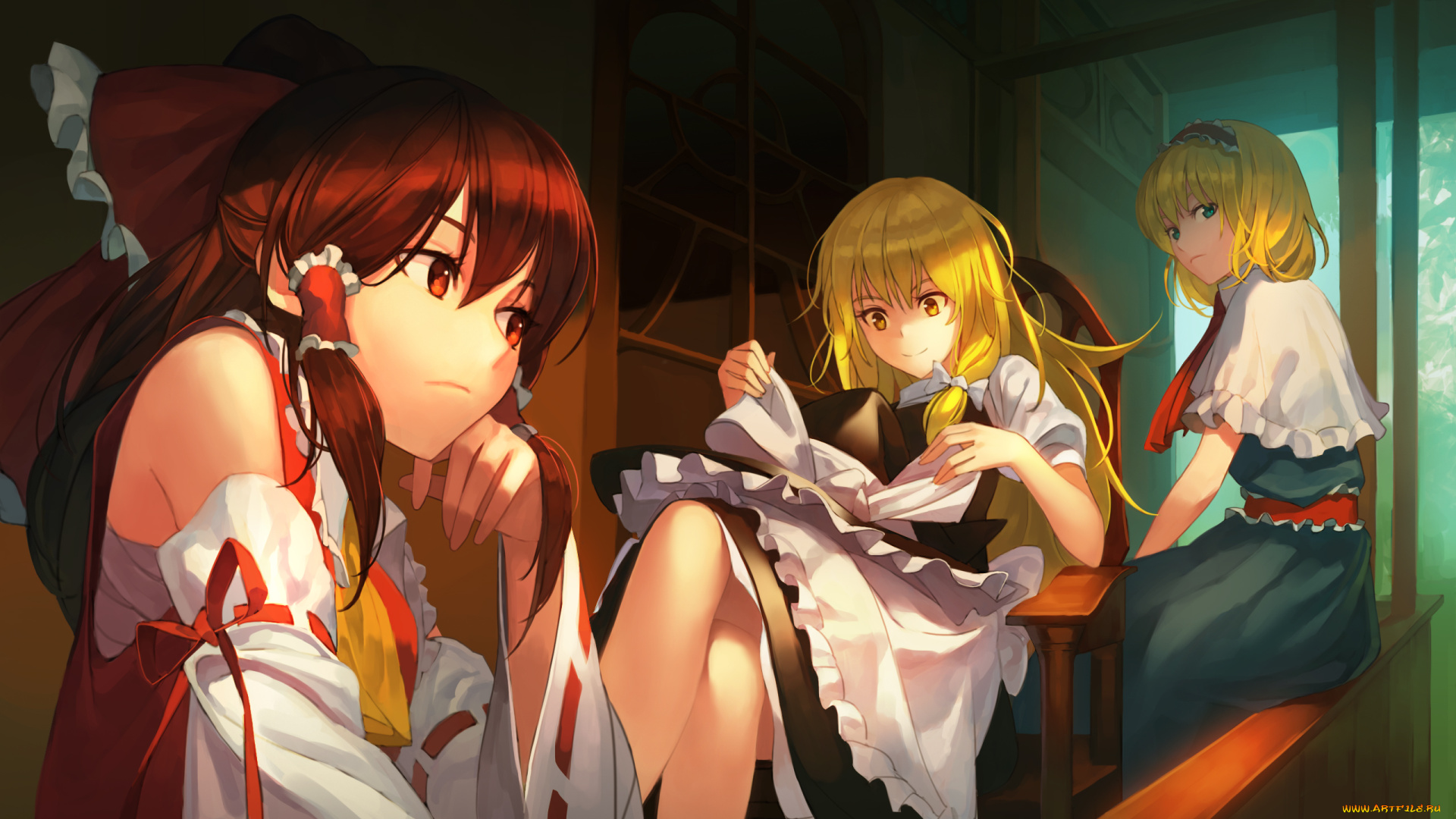 аниме, touhou, блондинки, трио, девушки, шатенка