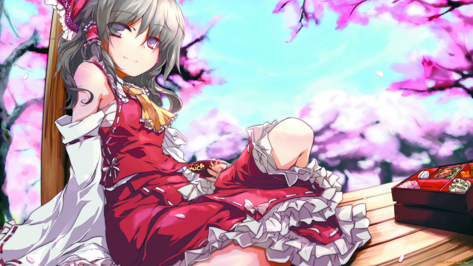 аниме, touhou, девушка, небо, цветущие, деревья, арт