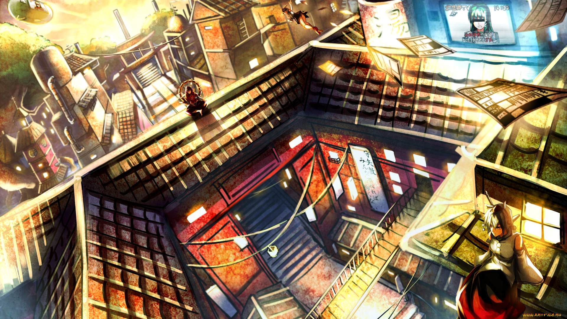 аниме, touhou, огни, экран, фонари, окна, крыши, девушки, город