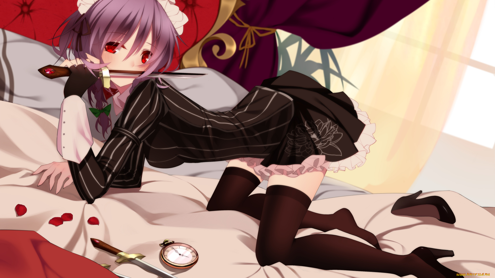 аниме, touhou, оружие, розовые, волосы, красные, глаза, ножи, часы, девушка, постель, туфли