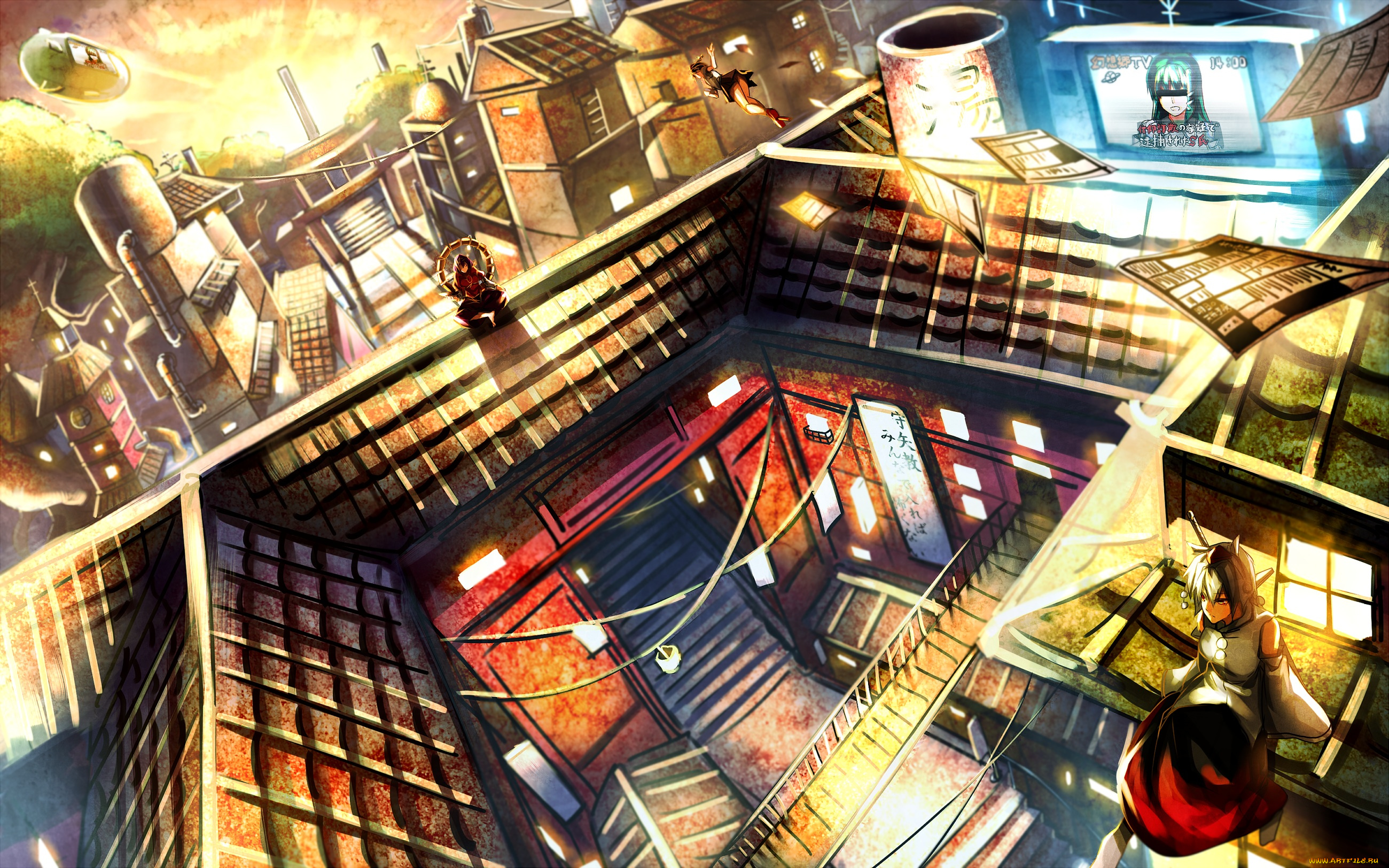 аниме, touhou, огни, экран, фонари, окна, крыши, девушки, город