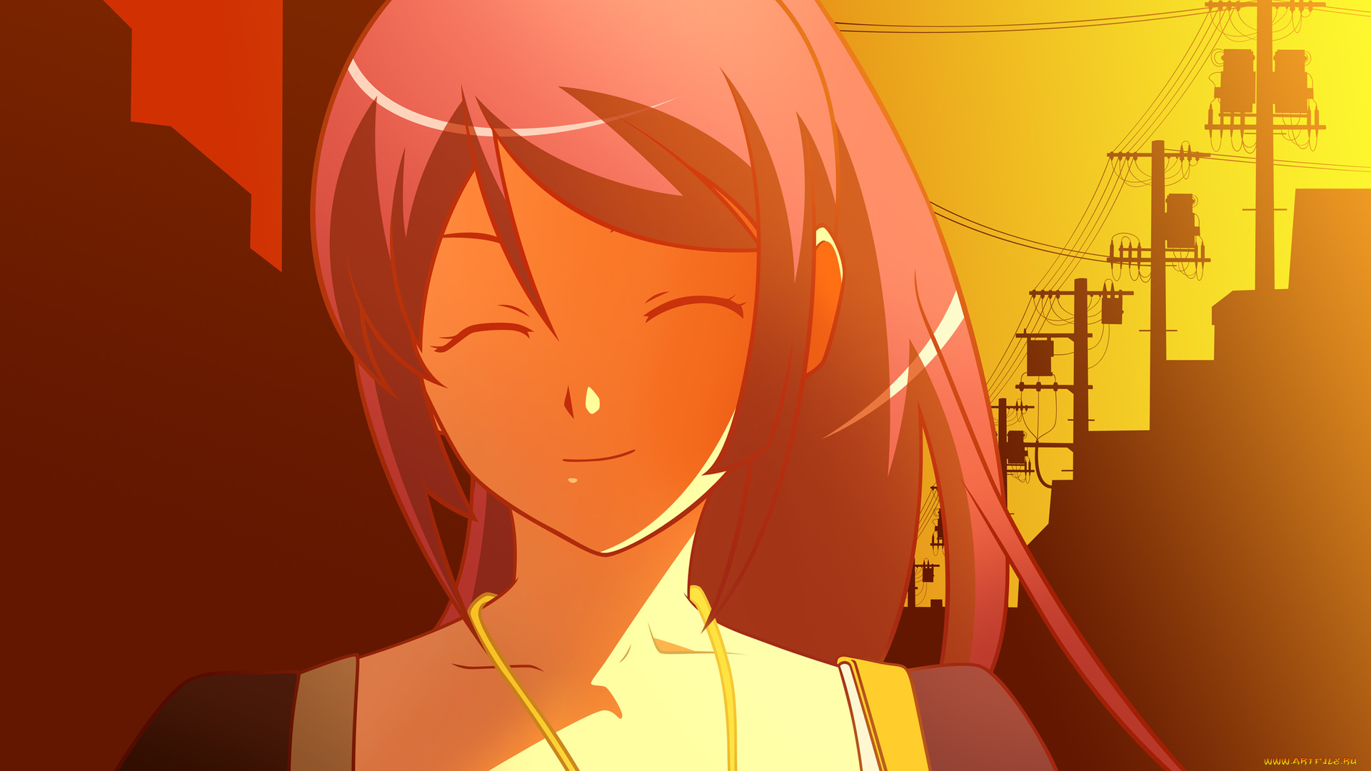 аниме, bakemonogatari, город, кулон, платье, senjougahara, hitagi, рассвет, фон, взгляд, девушка