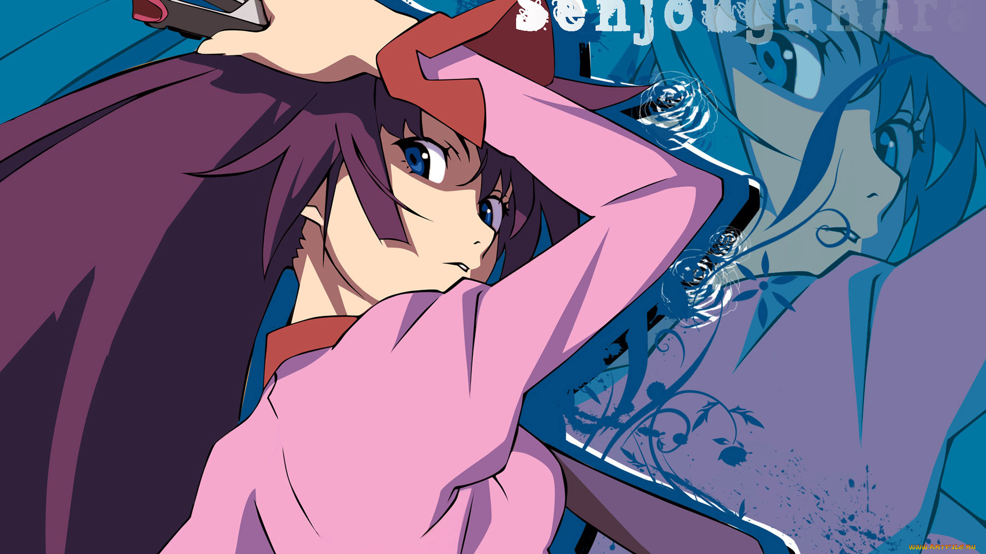 аниме, bakemonogatari, степлер, форма, senjougahara, hitagi, девушка, фон, взгляд