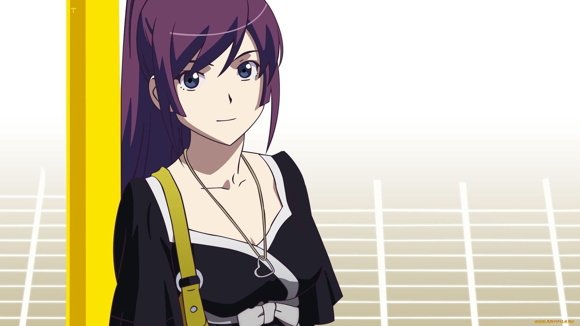 аниме, bakemonogatari, сумка, кулон, платье, senjougahara, hitagi, фон, взгляд, девушка