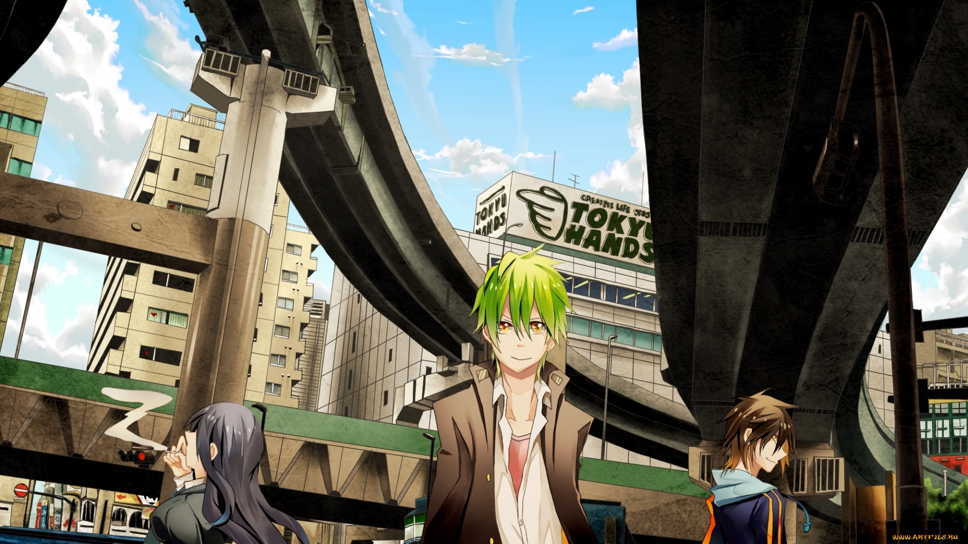аниме, город, , улицы, , здания, мост, небо, облака, сигарета, дым, дома, парни, девушка, ame, gatsu, арт