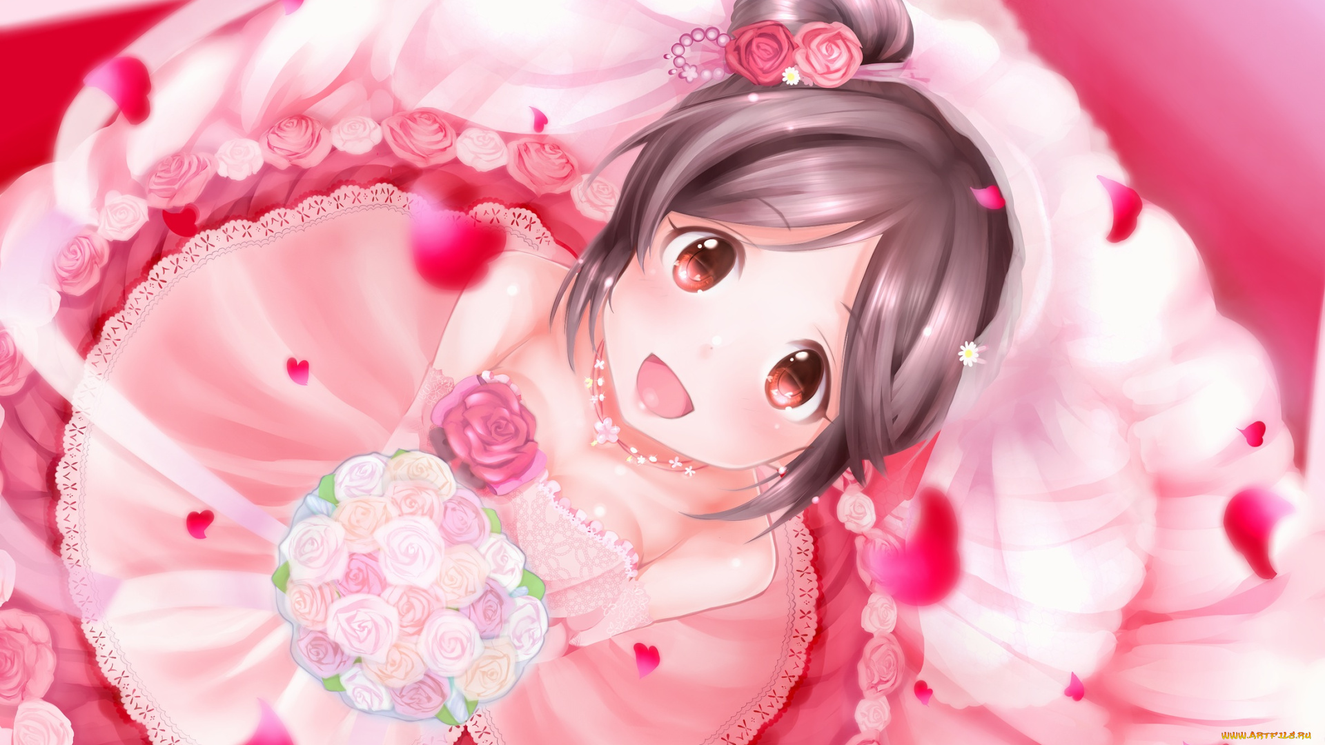 аниме, idolm@ster, радость, розы, цветы, букет, momoi, azuki, yummy, yoi, взгляд, платье, девочка, idolmaster, cinderella, girls, арт