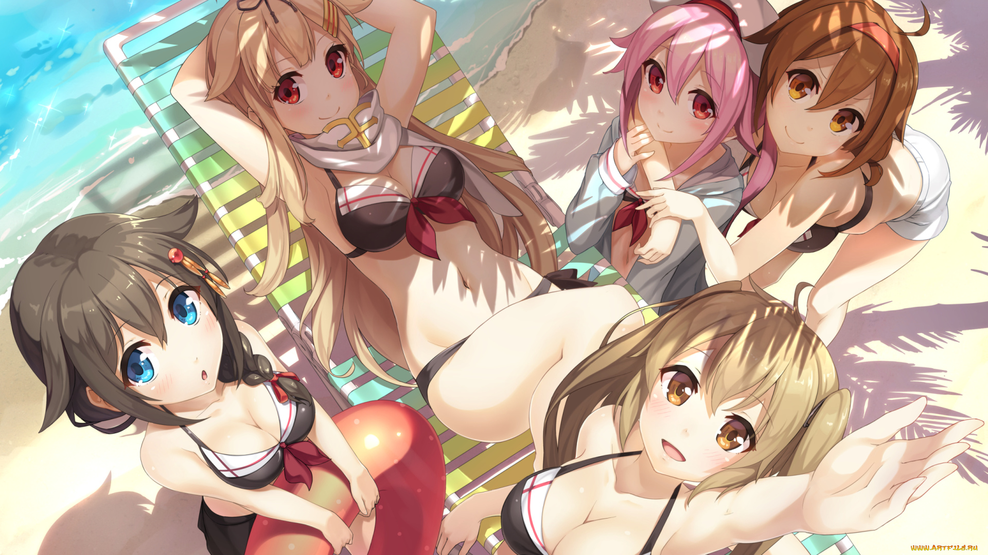 аниме, kantai, collection, shinonome, haru, shiratsuyu, yuudachi, арт, пляж, shimakaze, harusame, kancolle, shigure, kantai, collection, девушки, лето