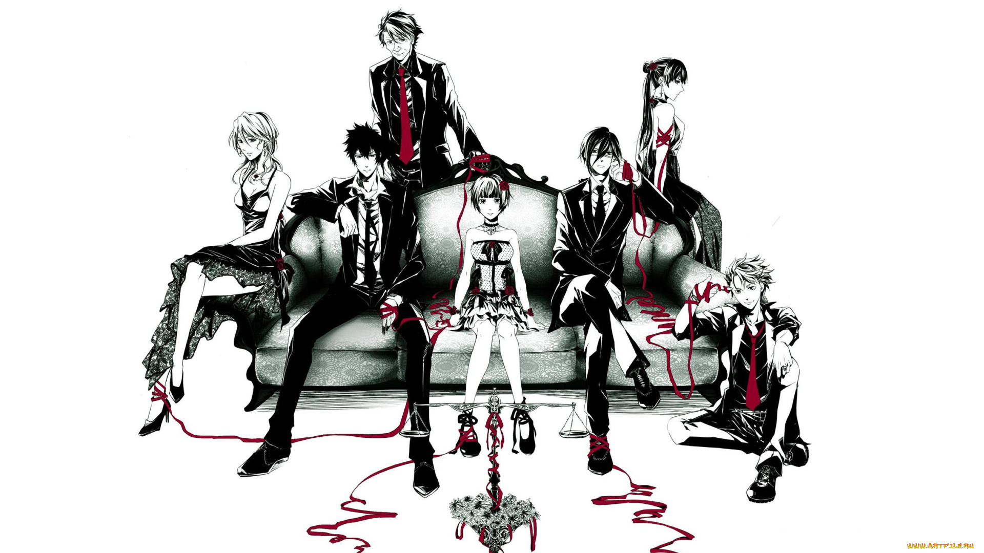 аниме, psycho-pass, галстуки, shuusei, kagari, красные, ленты, art, группа, shion, karanomori, yayoi, kunizuka, tsunemori, akane, tomomi, masaoka, ginoza, nobuchika, shinya, kougami, диван