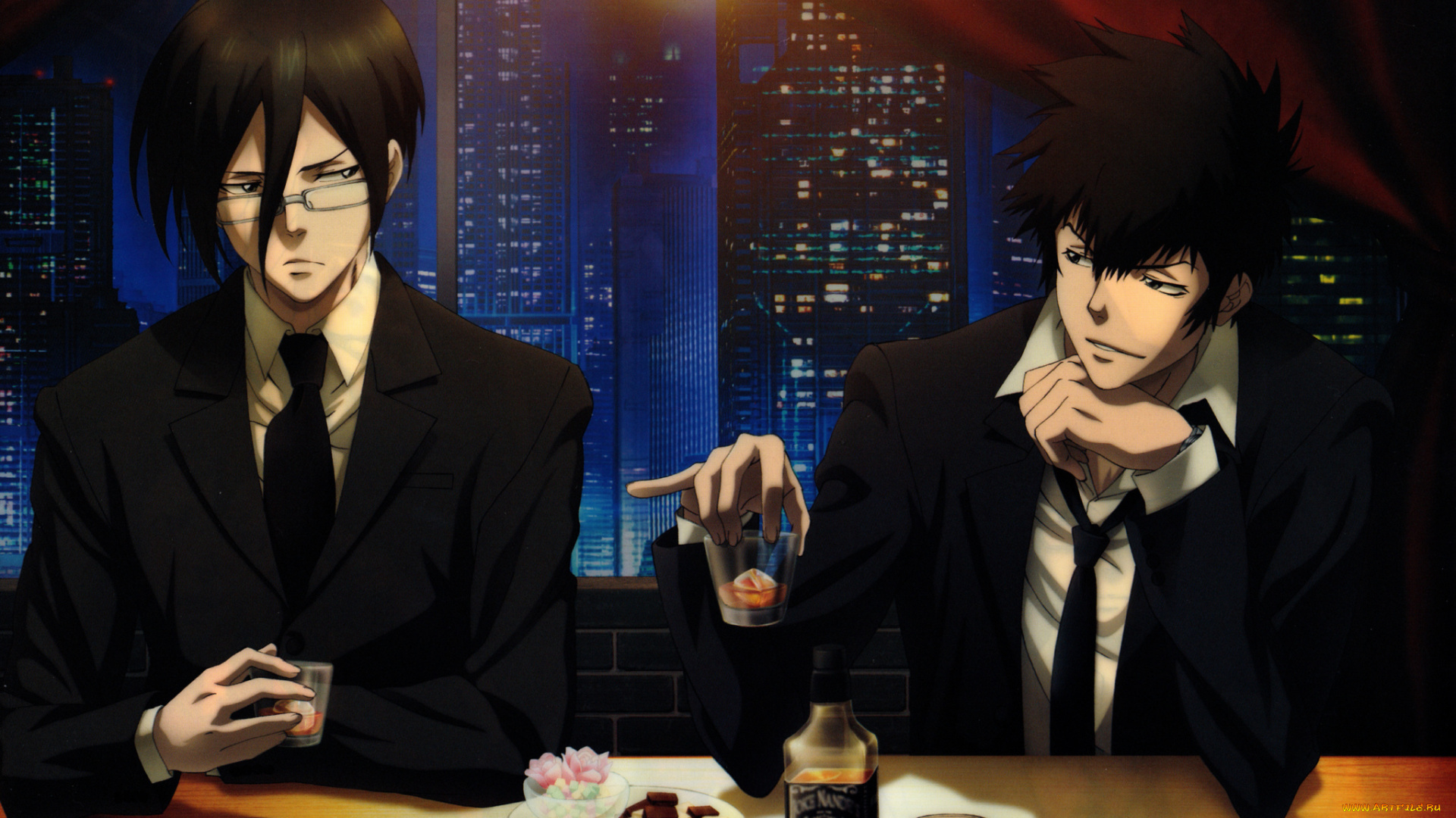 аниме, psycho-pass, shinya, kougami, двое, бар, очки, костюм, ночь, небоскребы, ginoza, nobuchika