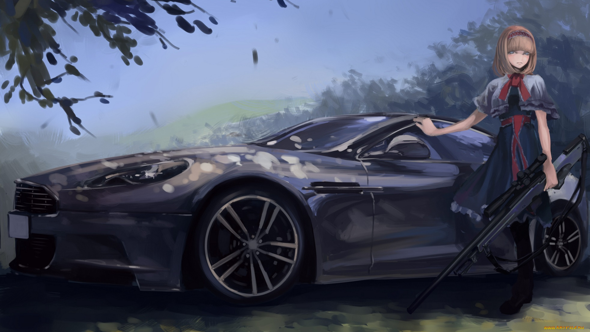 аниме, touhou, девушка, винтовка, оружие, техника, машина, растения, деревья, небо, природа, alice, margatroid, terabyte, rook777, лента, бант