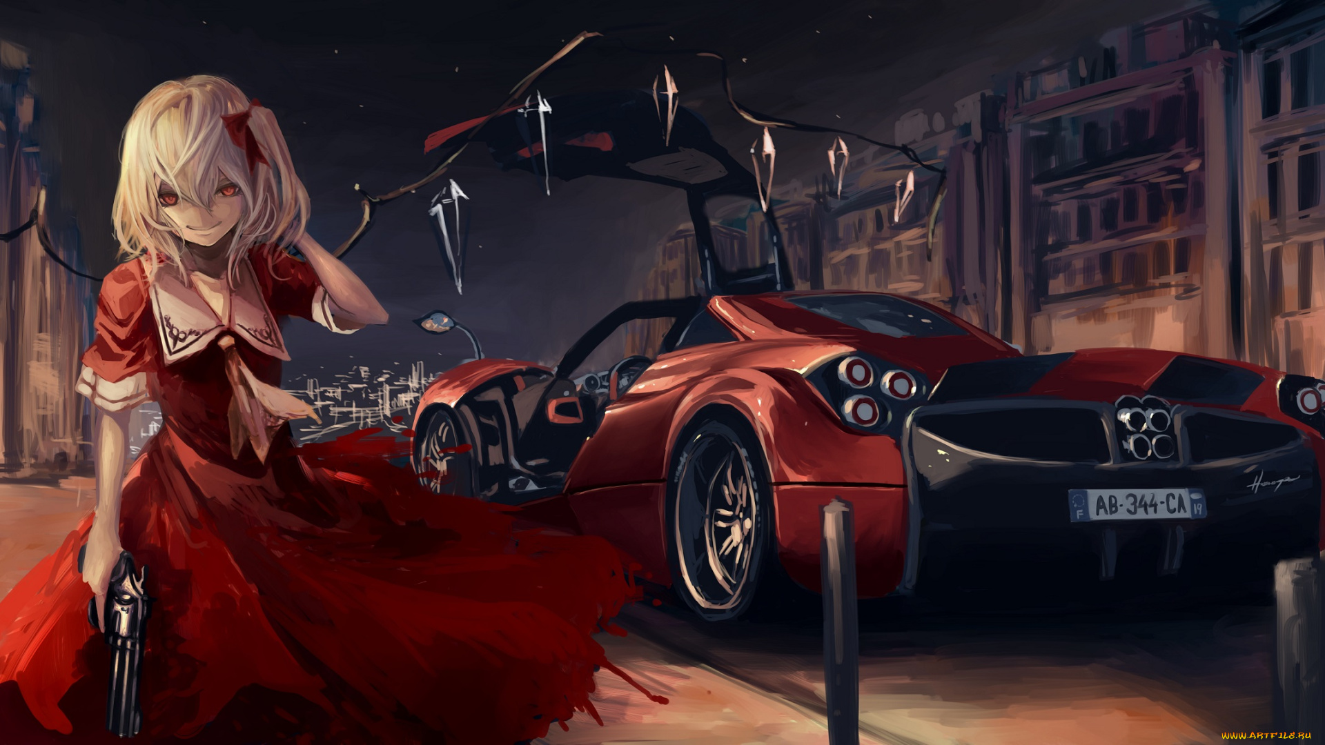 аниме, touhou, кристалл, револьвер, оружие, крылья, демон, ночь, девушка, техника, машина, дорога, здания, улицы, город, flandre, scarlet, rook777, terabyte