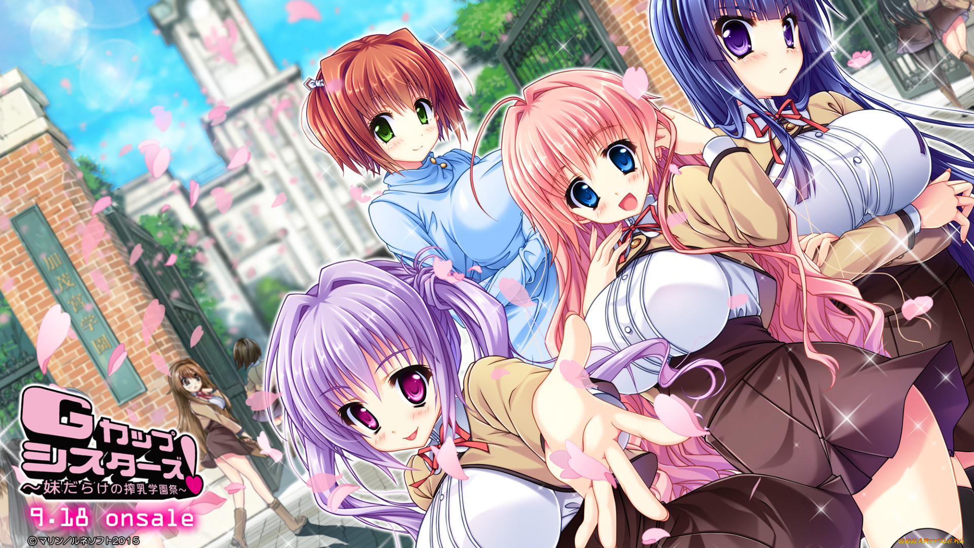 аниме, unknown, , другое, город, лепестки, девушки, арт, g-cup, sisters, группа