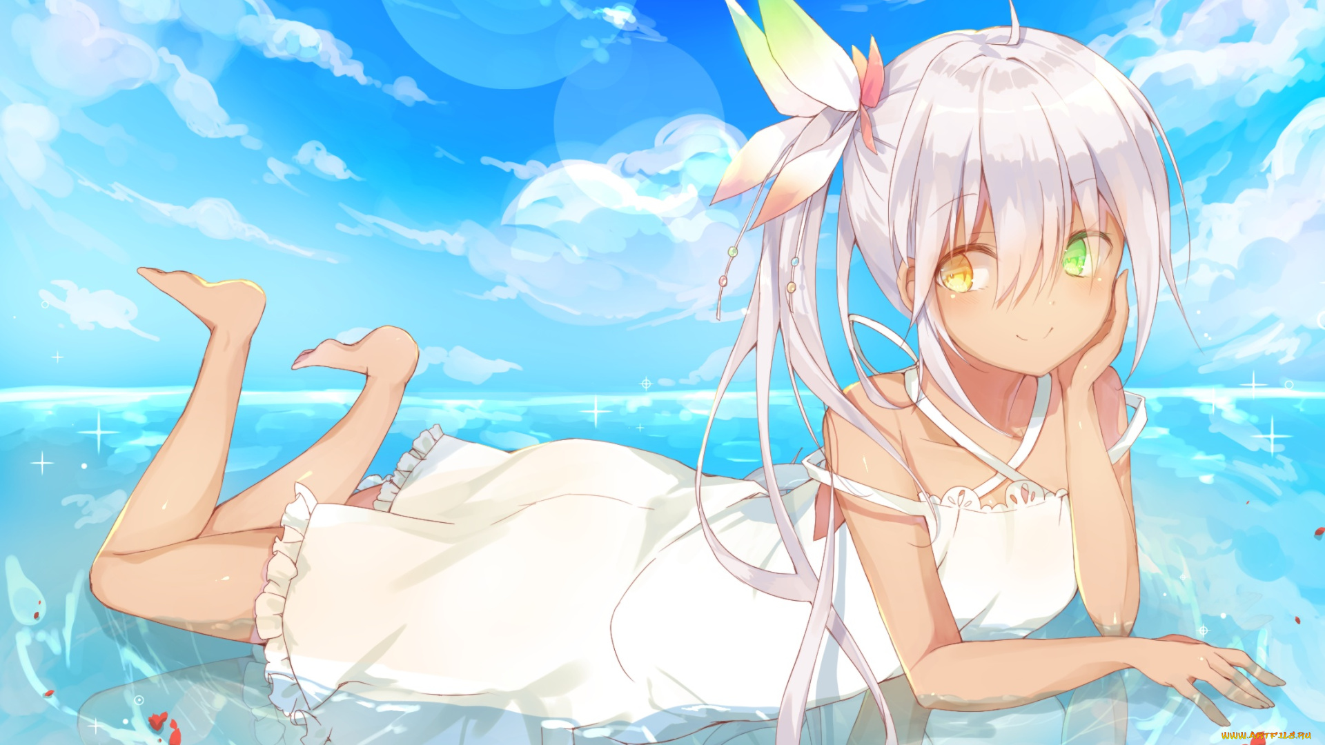 аниме, unknown, , другое, небо, девушка, арт, облака, отражение, вода, akatsuki, ryu