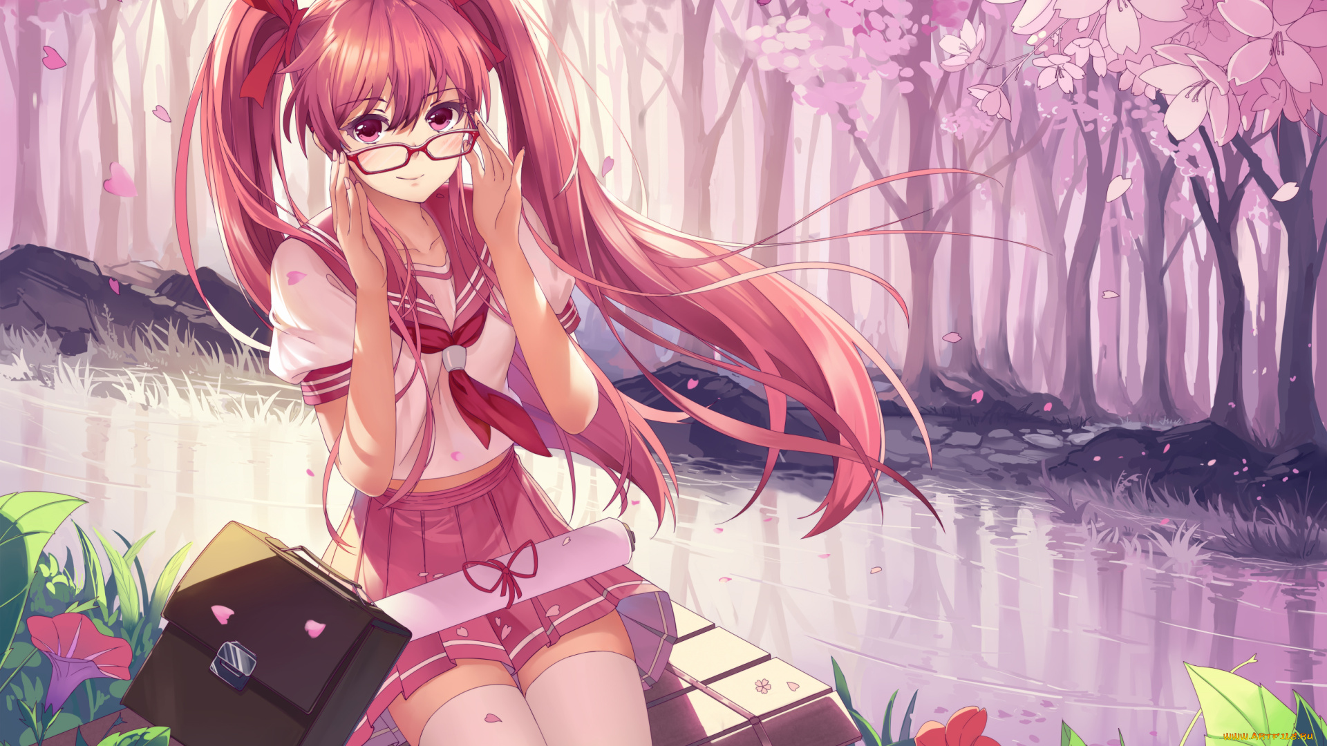 аниме, vocaloid, девушка, арт, река, парк, очки, взгляд, sakura, miku, haraguroi, you, цветы, hatsune, сумка, портфель, скамья, деревья