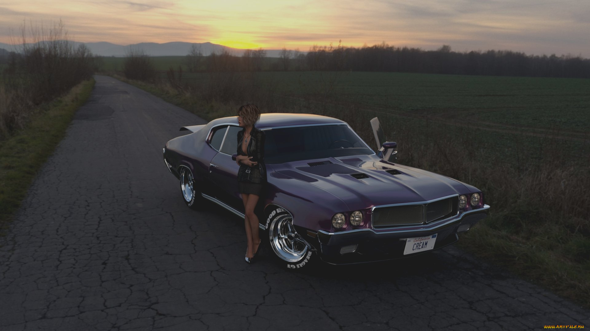 автомобили, 3d, car&girl, фон, взгляд, девушка, автомобиль