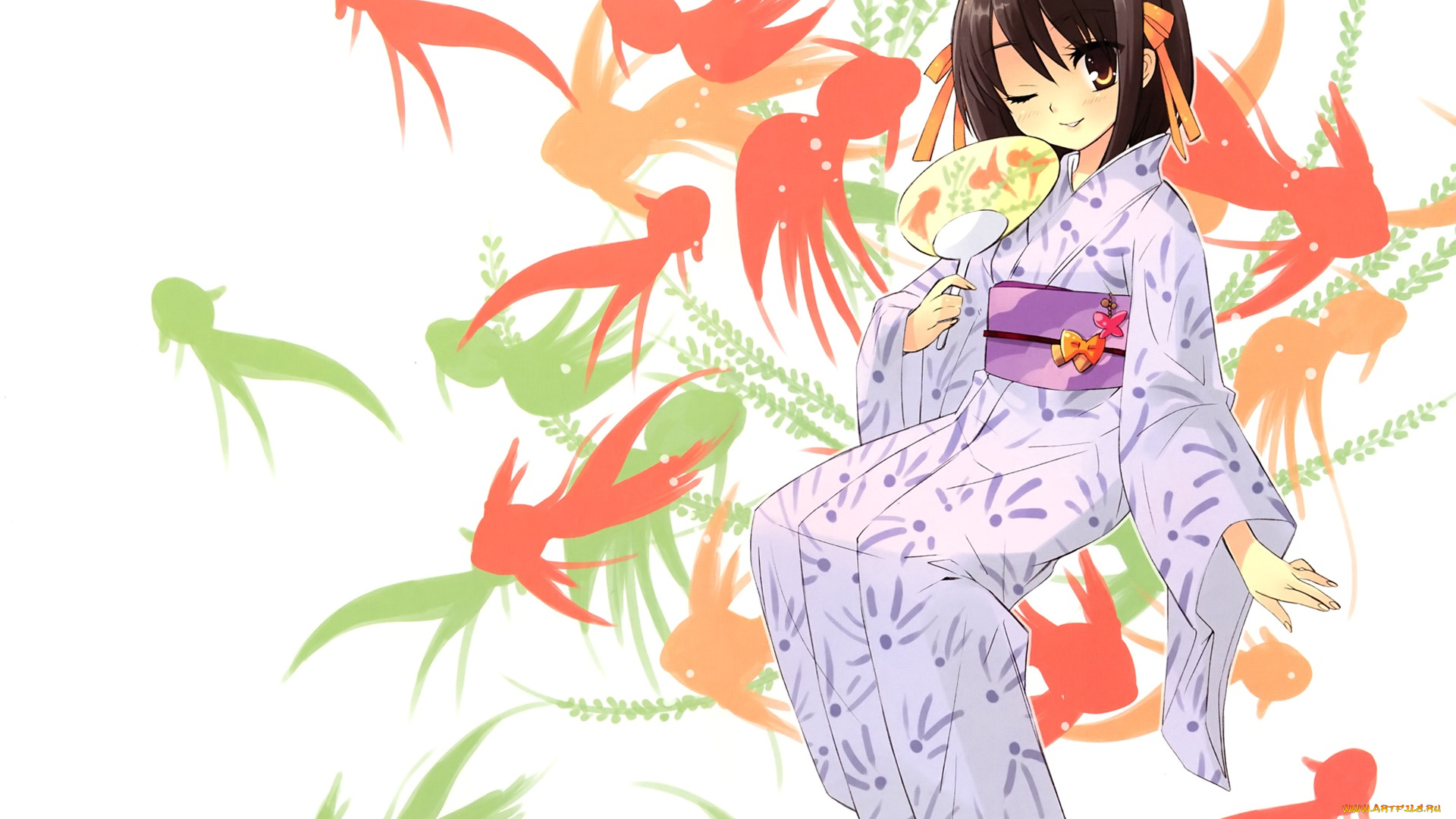 the, melancholy, of, haruhi, suzumiya, аниме, фон, взгляд, девушка, рыбы, suzumiya, haruhi, веер, юката