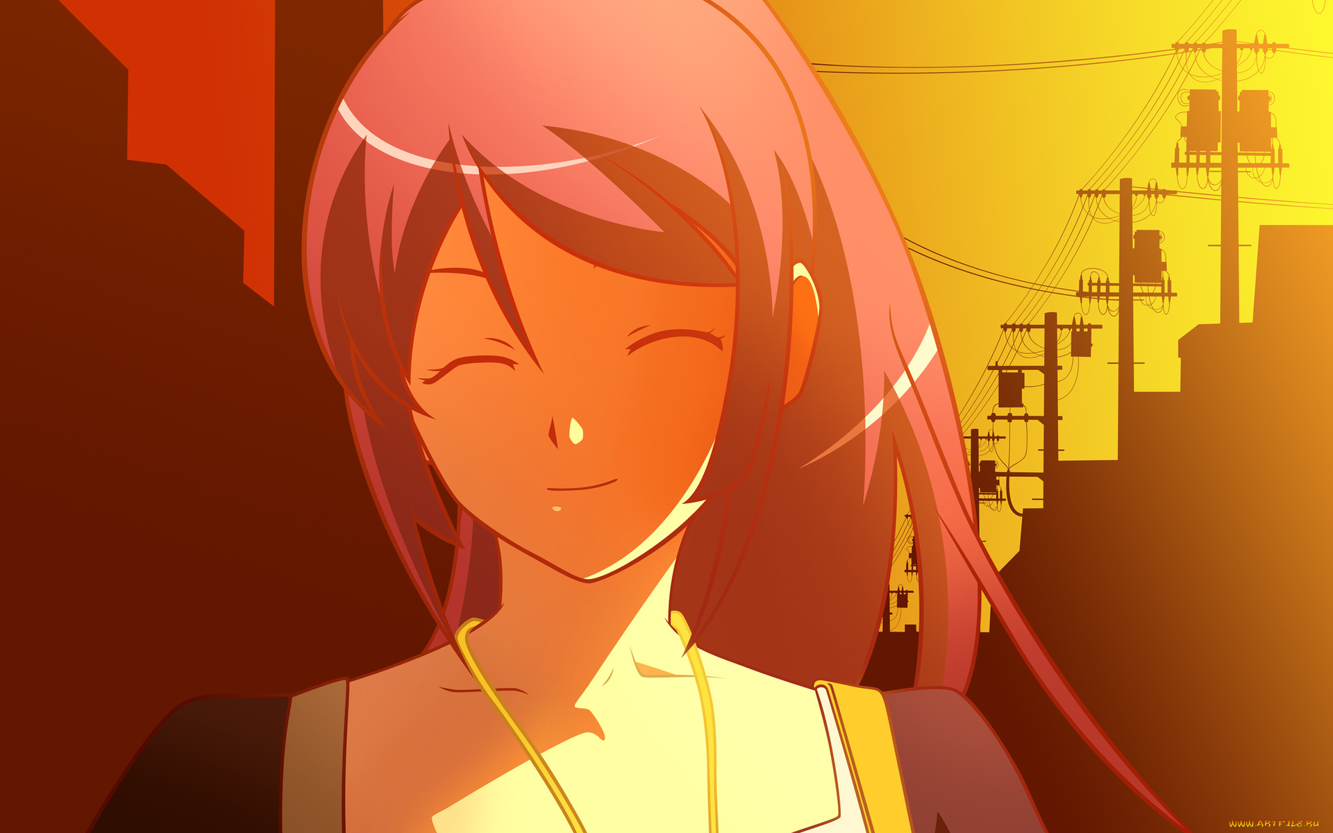 аниме, bakemonogatari, город, кулон, платье, senjougahara, hitagi, рассвет, фон, взгляд, девушка