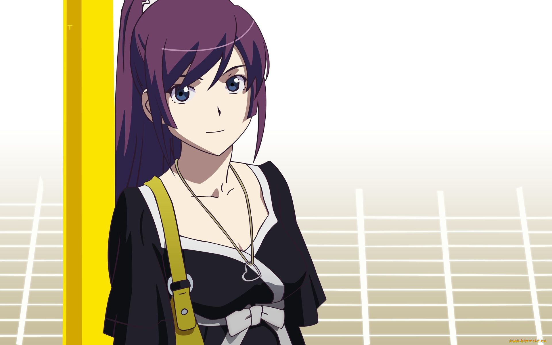 аниме, bakemonogatari, сумка, кулон, платье, senjougahara, hitagi, фон, взгляд, девушка