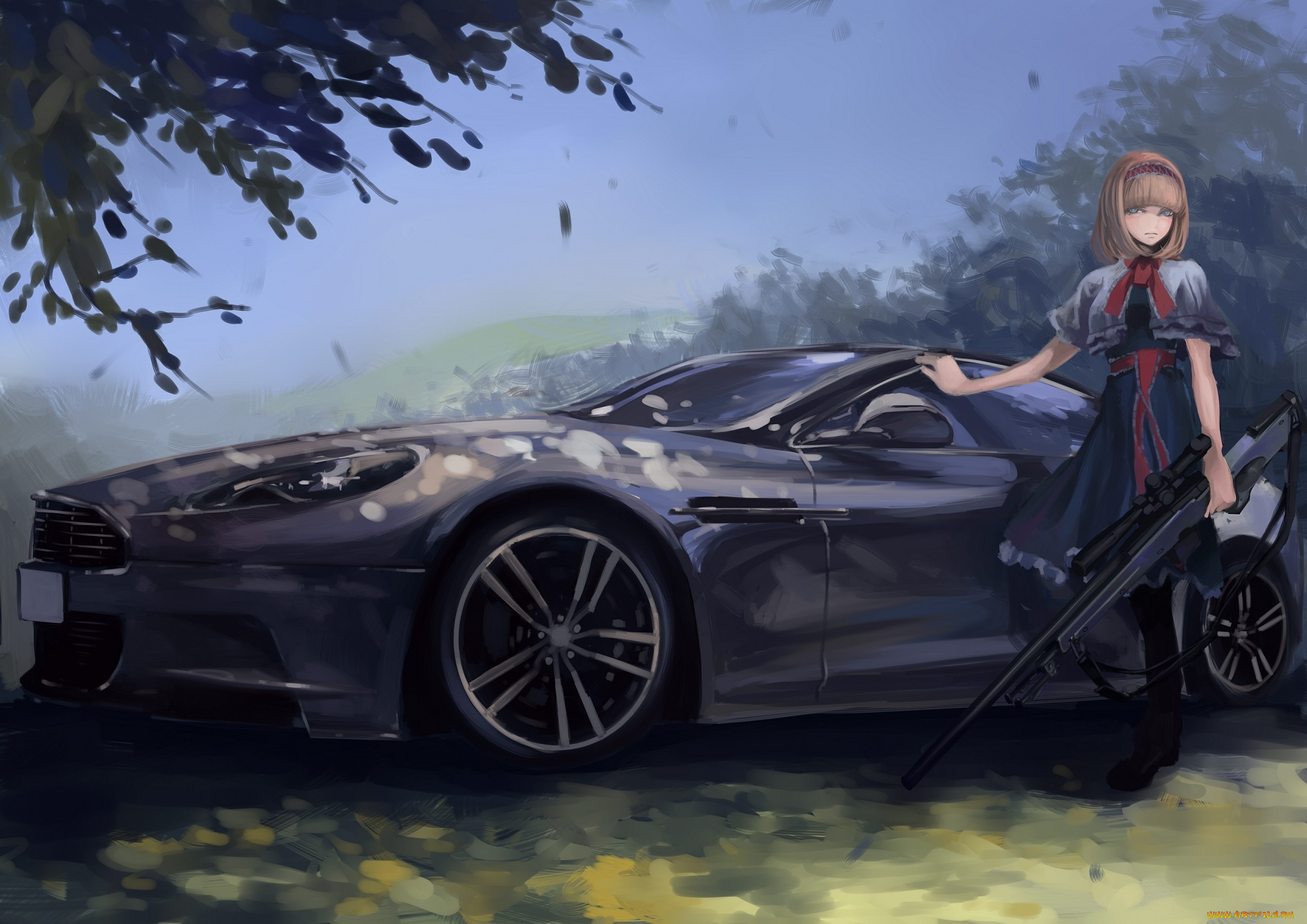 аниме, touhou, девушка, винтовка, оружие, техника, машина, растения, деревья, небо, природа, alice, margatroid, terabyte, rook777, лента, бант