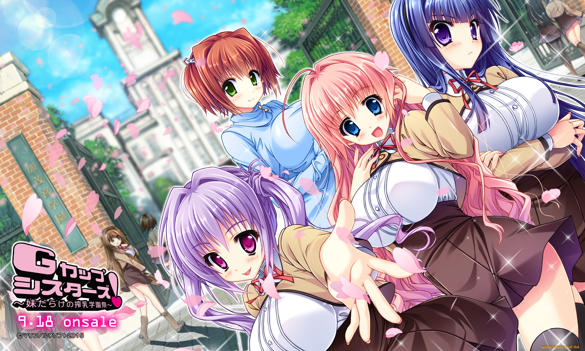 аниме, unknown, , другое, город, лепестки, девушки, арт, g-cup, sisters, группа