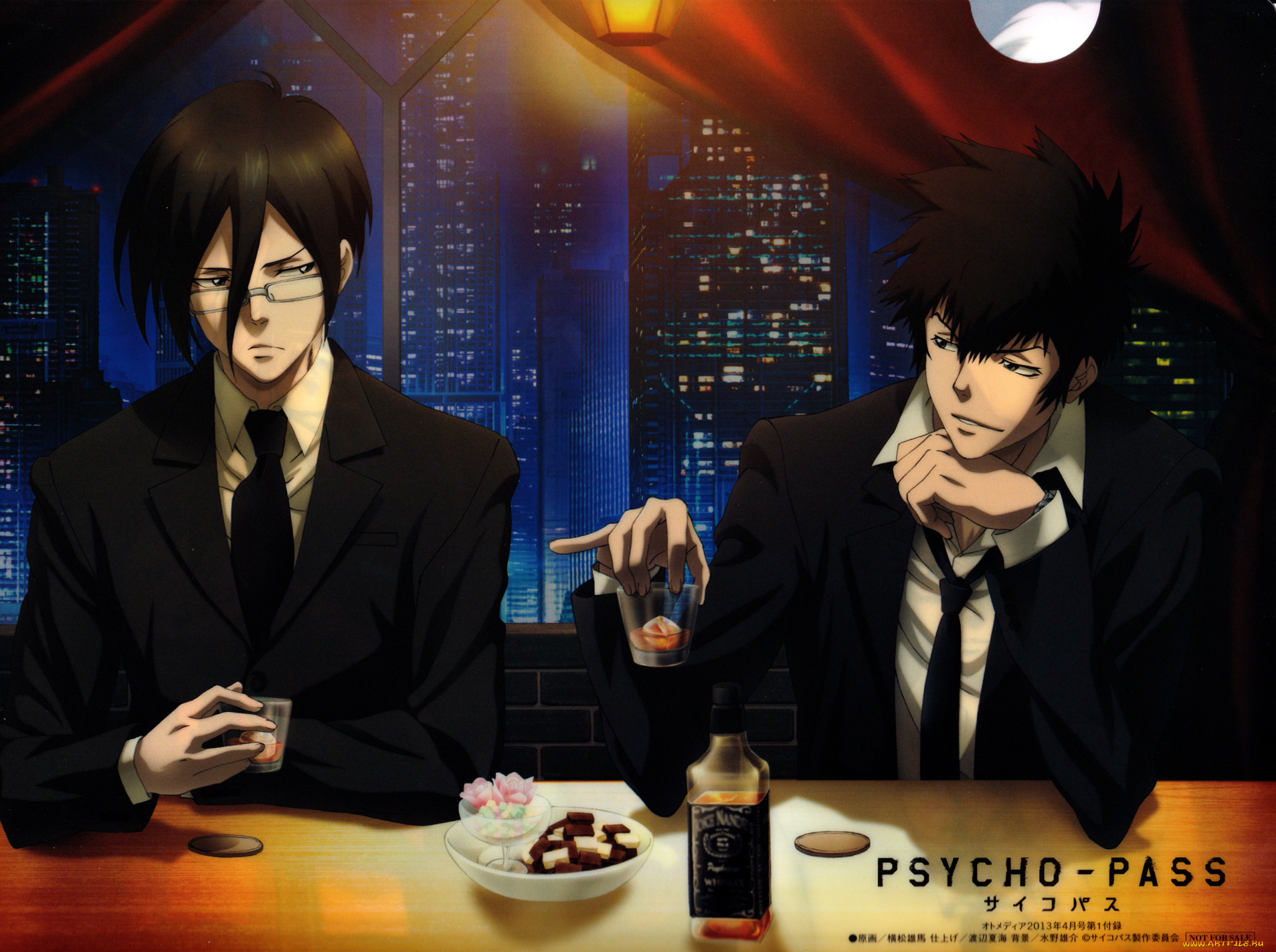 аниме, psycho-pass, shinya, kougami, двое, бар, очки, костюм, ночь, небоскребы, ginoza, nobuchika