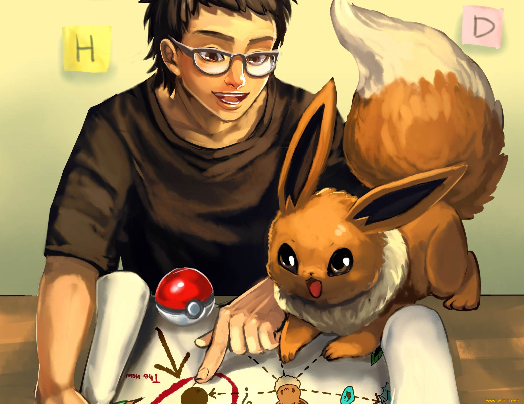 аниме, pokemon, арт, парень, покемон