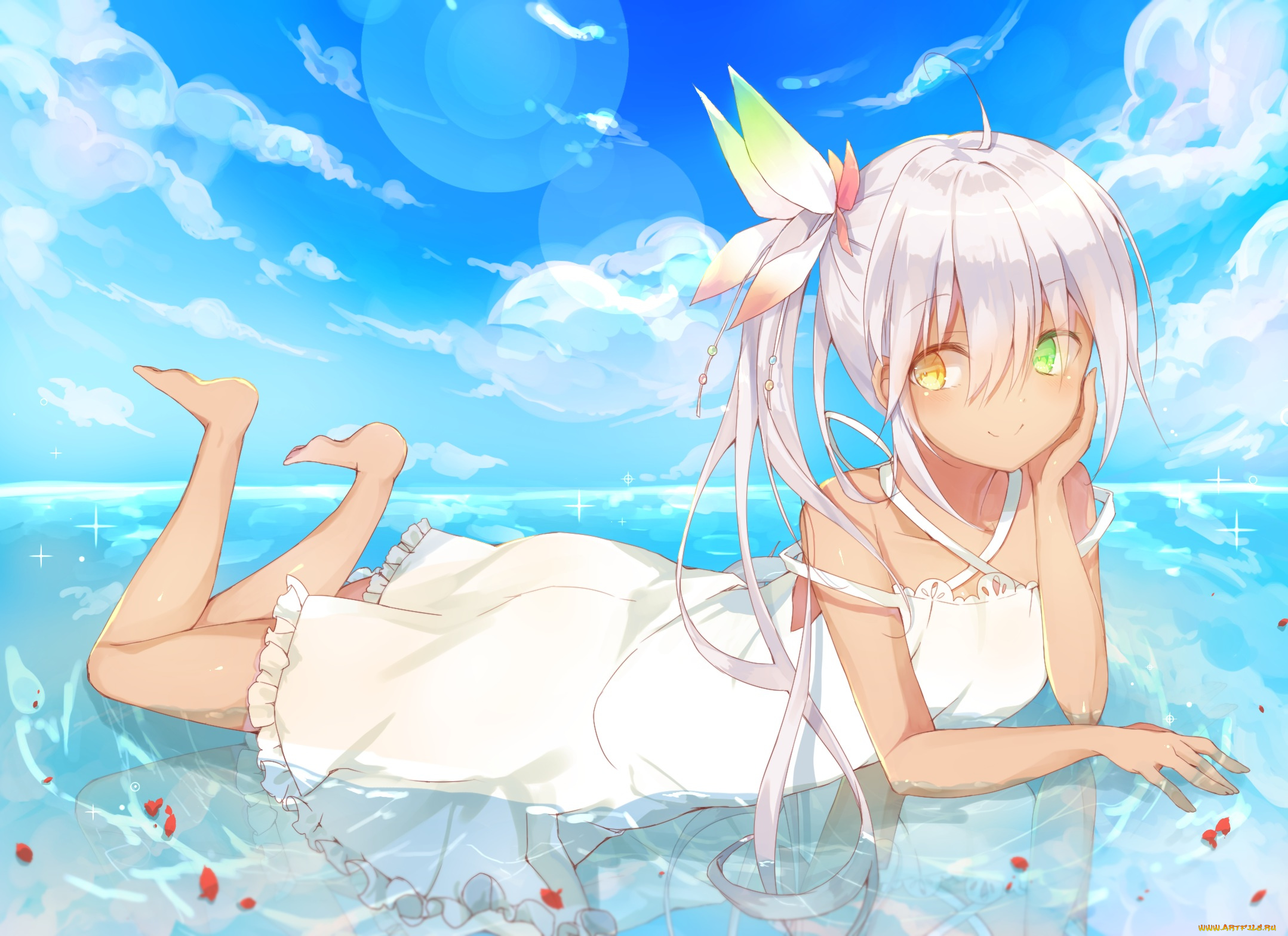 аниме, unknown, , другое, небо, девушка, арт, облака, отражение, вода, akatsuki, ryu