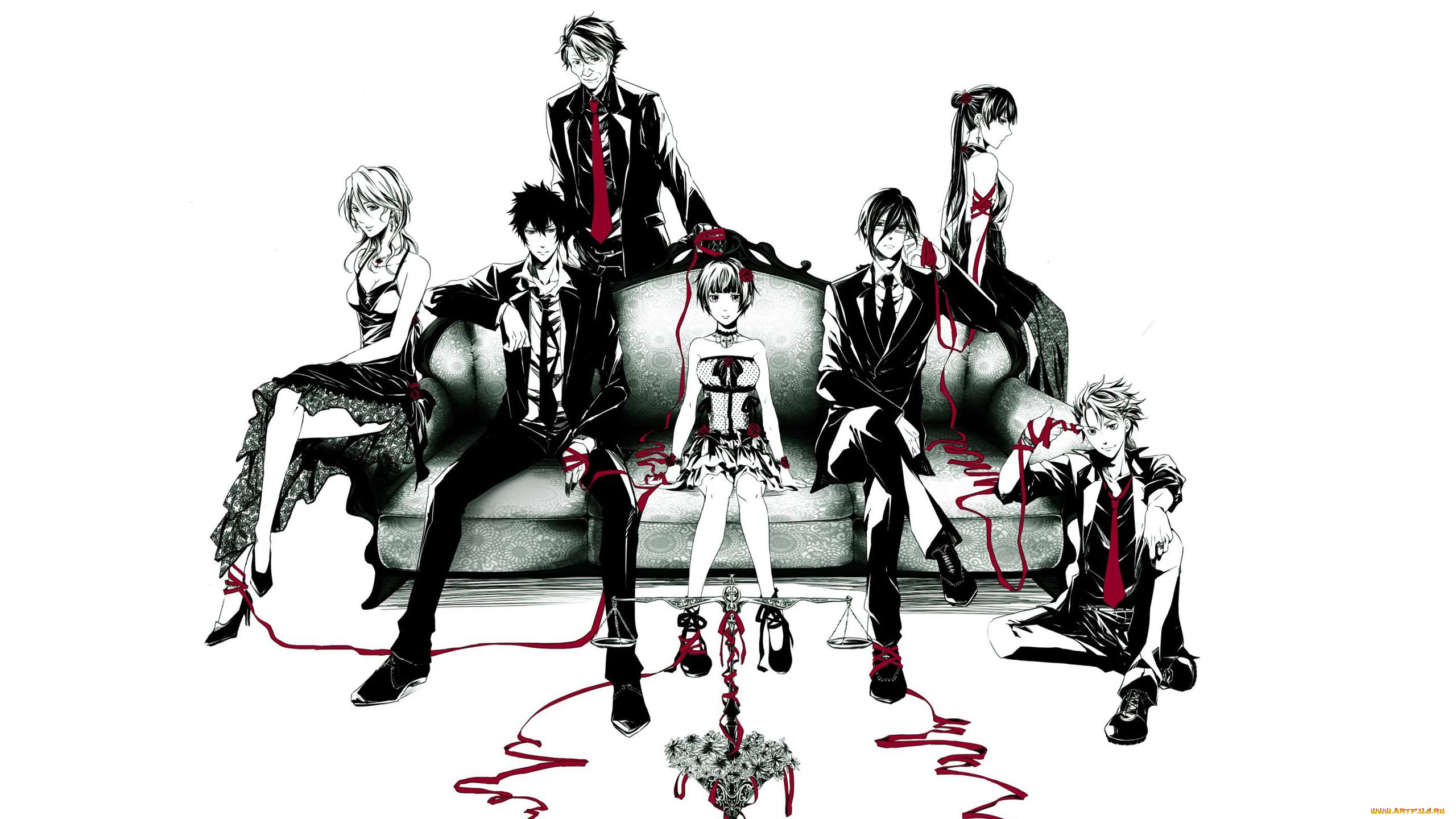 аниме, psycho-pass, галстуки, shuusei, kagari, красные, ленты, art, группа, shion, karanomori, yayoi, kunizuka, tsunemori, akane, tomomi, masaoka, ginoza, nobuchika, shinya, kougami, диван